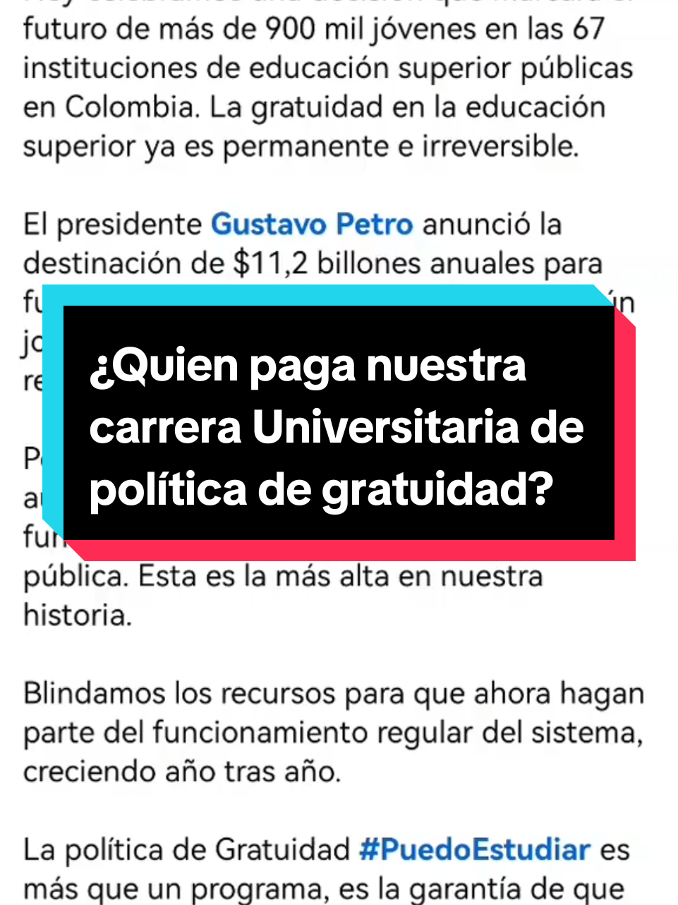 🚨 El Gobierno aprobó nuevos recursos para financiar la política de gratuidad en la matrícula de las universidades públicas en el mes de Junio 2025, permitiendo que miles de estudiantes de estratos 1, 2 y 3 puedan continuar su educación sin pagar matrícula, en cumplimiento del compromiso de equidad de Gustavo Petro. #PolíticaDeGratuidad #MatrículaCero #Viral #ParaTi #Hype #EducaciónGratis #JóvenesConFuturo #GobiernoPetro #NoTeRindas #GratuidadUNAD #CasosReales #EstudiantesColombia #EducaciónSuperior #InscripcionesUNAD #PresidentePetro #GobiernoDelCambio @Gustavo Petro 