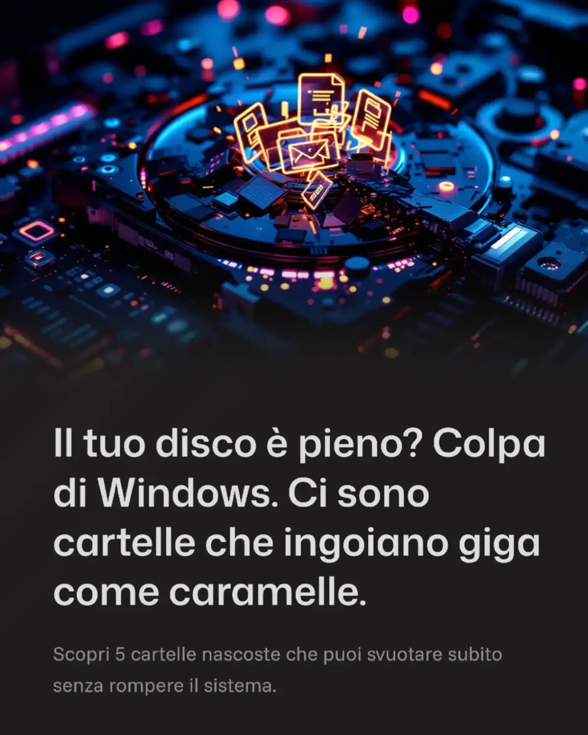 Il tuo disco è pieno e tu pensi: “Devo comprare un SSD nuovo.” No fratello, devi solo svuotare l’immondizia che Windows nasconde sotto il tappeto. In questo carosello ti mostro 5 cartelle nascoste che puoi pulire SUBITO, senza rompere nulla, senza tool strani. Ti liberi di GIGA di file temporanei, residui di aggiornamenti, anteprime di giochi che hai disinstallato 6 mesi fa, e un sacco di altra roba che non sapevi nemmeno esistesse. 📦 Salvalo. La prossima volta che ti manca spazio, torni qui e fai pulizia. 👇 Scrivi PULIZIA nei commenti se vuoi lo script .bat per svuotarle in automatico. #techlife #windows10tips #pcoptimization #taskmanager #windows11 #cybertech #techcleanup #techtipsandtricks #performanceboost #pcgaminglife #pcfix #fyp #perte #nerdlife #windowsfix #techgeek #hackingtips #ottimizzazione #processikillabili #tecnologiacynica #wintrash 