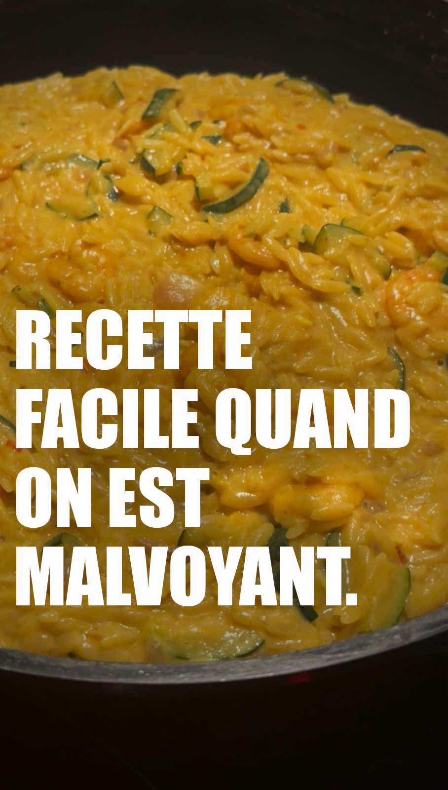 RECETTE FACILE À FAIRE QUAND ON EST MALVOYANT 🕶️ Ingrdients pour 3 personnes : - 1 courgette - 1 oignon rouge - 100g de crevettes (décortiqués) - 250g de pâtes orzo - 1 c.a.s de curry en poudre - 2 c.a.s de cream cheese  - 50g de parmesan  - Huile d’olive  Parce qu’on mange pas qu’avec les yeux  #recettefacile #recettetiktok #malvoyant #tiktokfoodie #tiktokrecipe #humour #orzo 