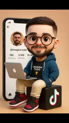 1- Acesse o Chatgpt  2- Insira sua imagem  3- Digite o prompt: Create a 3D cartoon chibi-style character of a young boy wearing round glasses, a black t-shirt that says “Imagina Tudo” with a small light bulb graphic on it, cream pants, a blue hoodie, and Jordan Bred sneakers. The boy is smiling and holding a MacBook in one hand while sitting on a large TikTok logo cube. Behind him is a giant smartphone screen showing his TikTok profile. The profile has 195 following, 3,100 followers, and 10.8K likes, and the username displayed is “@imagina.tudo”. #fyp #foryou #viralvideos #foryoupage 