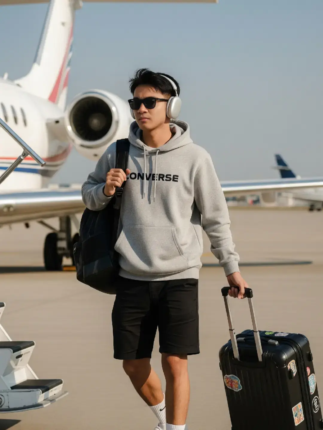 Prompt :  Seorang pria setinggi 160 cm, bertubuh ramping, wajah oval dan memiliki rambut pendek yang bagian depannya berantakan,  Ia bergaya berjalan dengan percaya diri di landasan pacu bandara. Ia mengenakan earphone putih, hoodie Converse abu-abu muda, celana pendek hitam, kaus kaki Nike putih, dan sepatu sneakers putih.  Ia mengenakan kacamata hitam dan membawa ransel hitam di satu tangan, sementara tangan lainnya menarik koper hard-shell hitam yang dipenuhi stiker perjalanan.  Latar belakang menampilkan pesawat modern dan jembatan penghubung (jet bridge) di bawah langit biru cerah.  Suasana keseluruhan terasa santai dan sinematik, menangkap semangat perjalanan solo dan petualangan.  Diambil dalam pencahayaan alami siang hari dengan kedalaman bidang yang dangkal dan nada warna yang tajam. #pesawat  #kenangan  #story  #storyofmylife  #pria  #viralvideo  #fyp  #viral  #foryoupage  #fyppppppppppppppppppppppp  #foryou  #fypシ  #fypシ゚viral 