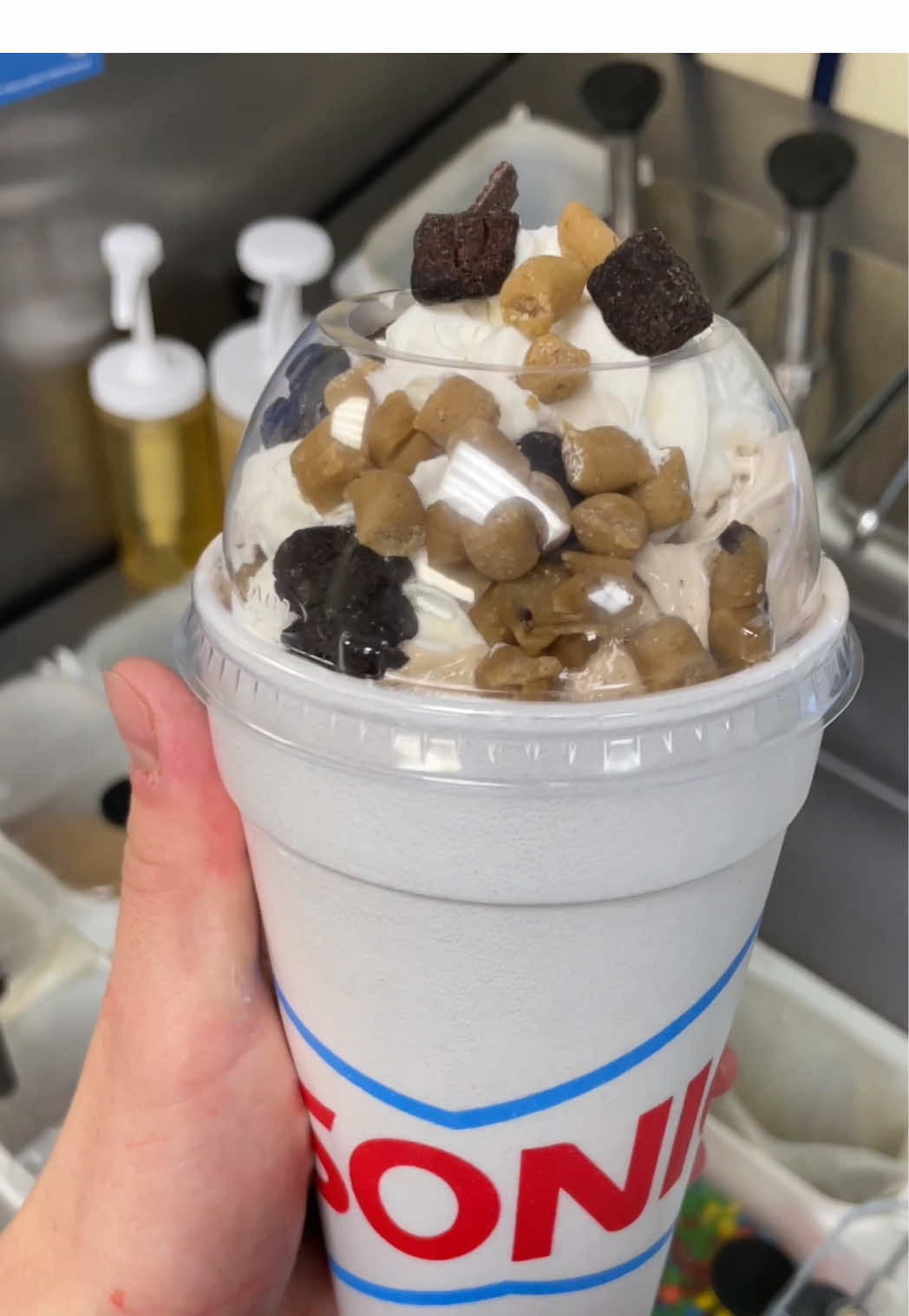 Cookie dough, chocolate chunk brownie blast with whipped cream #icecream #sonic #pov #papasfreezeria #foryou #fypツ #sonicdrivein #fypシ゚viral #foryoupage #asmr 