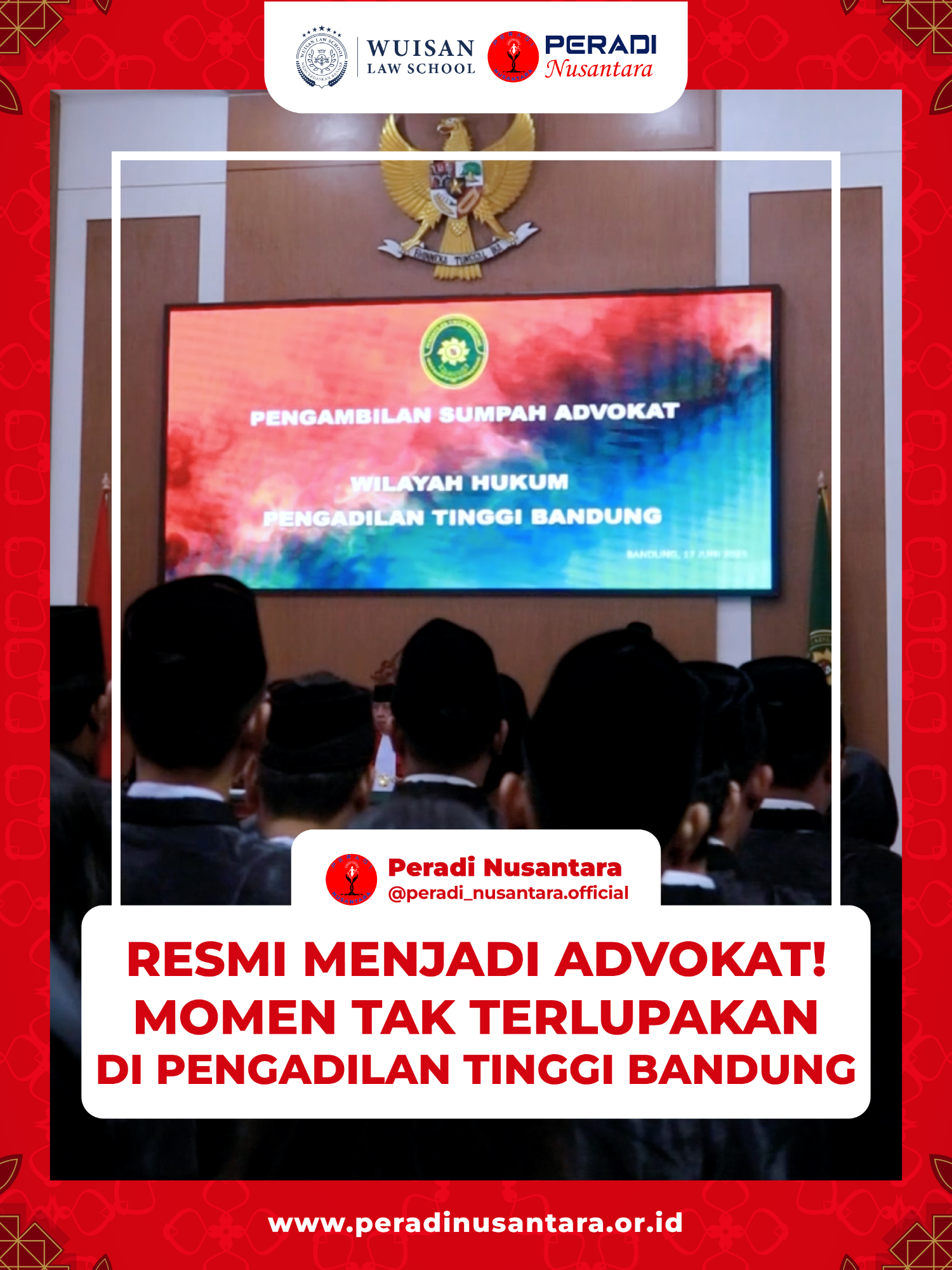 Selangkah lebih dekat menjadi pembela keadilan. . Bandung, 17 Juni 2025 , para advokat dari Peradi Nusantara secara resmi mengikrarkan sumpah profesinya di hadapan majelis hakim, Tuhan Yang Maha Esa, dan bangsa Indonesia. . Sebuah momen sakral, simbol tanggung jawab, dan awal dari perjuangan panjang menegakkan hukum. . Selamat datang di dunia profesi, para advokat muda! Kalian adalah harapan baru bagi tegaknya keadilan di Indonesia . . . #fyp #fypシ #trending #viral #sumpahadvokat #pengadilantinggi#hukum #indonesia #hukumindonesia #advocate #bantuanhukum #pengacara #kantorhukum #lawyerindonesia #pidana #lawfirm#law #perdata #ilmuhukum #legal #fakultashukum #lawoffice #hukumperdata #advokat #lawyers #pengacaraindonesia #hukumpidana #advokatindonesia #konsultanhukum #lawyer