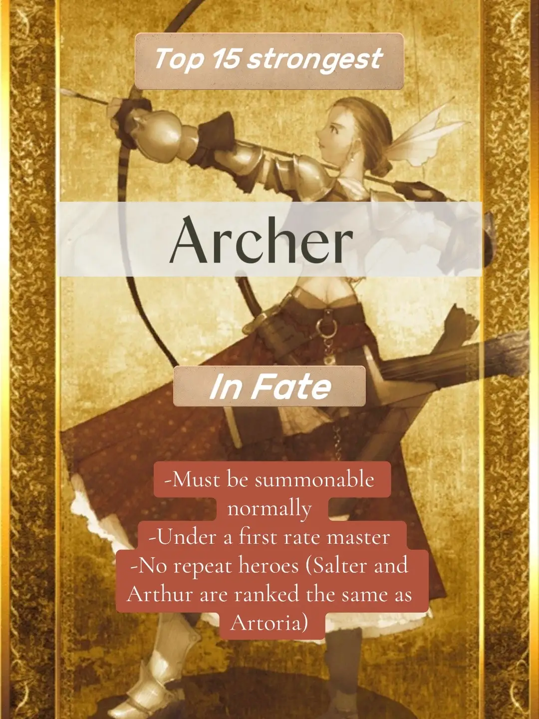Lowkey this was even harder and more debatable than the Saber list. Yes this is re uploaded because I had to make changes  #fate #fategrandorder #fatestaynight #powerscaling #archer 
