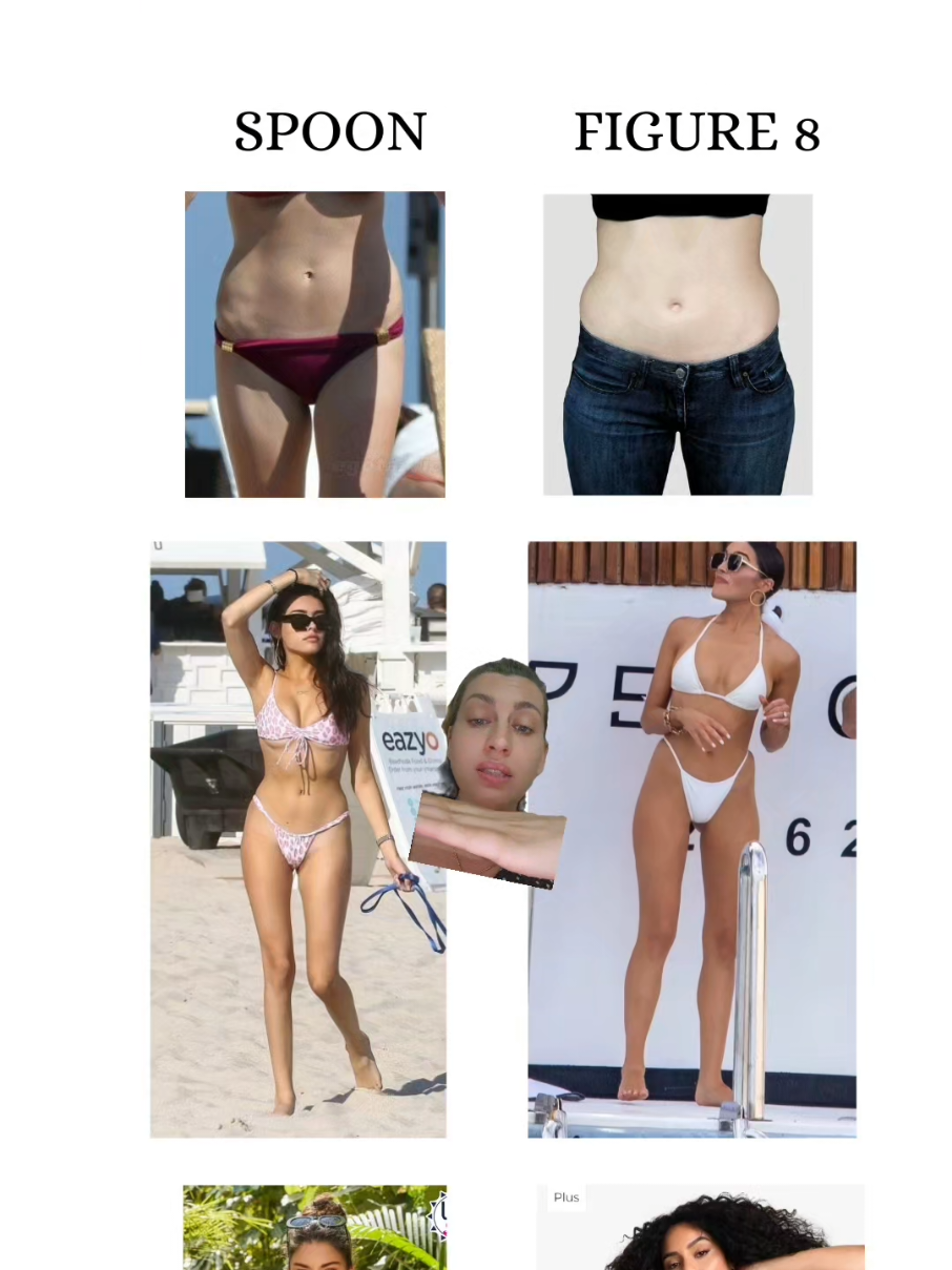 They both have high hipbones with this shelf-like appearance waist. However the difference is in the hips, figure 8 body shape has hip dips and spoon body shape doesn't.  #spoonbodyshape #figure8bodyshape #highhips #hourglassbodyshape 