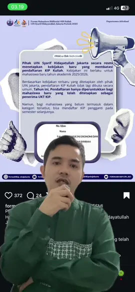 KIP Kuliah UIN Jakarta tidak dibuka di Semester Awal , UIN Jakarta menetapkan Penerima KIPK untuk penerima KIP Sekolah , PKH dan Bansos yg terdata di Kemensos. #uinjakarta #uin #kipkuliah #kemenag 