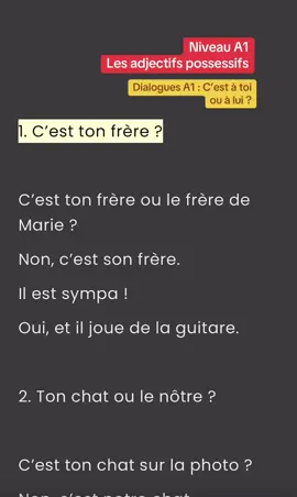 1. C’est ton frère ? (Це твій брат?) — C’est ton frère ou le frère de Marie ? — Non, c’est son frère. — Il est sympa ! — Oui, et il joue de la guitare. — Це твій брат чи брат Марі? — Ні, це її брат. — Він приємний! — Так, і він грає на гітарі. 2. Ton chat ou le nôtre ? (Твій кіт чи наш?) — C’est ton chat sur la photo ? — Non, c’est notre chat. — Il est mignon ! — Merci, il s’appelle Félix. — Це твій кіт на фото? — Ні, це наш кіт. — Він милий! — Дякую, його звати Фелікс. 3. C’est ta robe ? (Це твоє плаття?) — C’est ta robe rouge dans le salon ? — Non, c’est la robe de ma sœur. — Elle est très jolie ! — Oui, elle l’adore. — Це твоє червоне плаття у вітальні? — Ні, це плаття моєї сестри. — Воно дуже гарне! — Так, вона його обожнює. 4. Vos livres ou les leurs ? (Ваші книги чи їхні?) — Ce sont vos livres sur la table ? — Non, ce sont les livres de Paul et Léa. — Ils lisent beaucoup, hein ? — Oui, ils aiment la lecture ! — Це ваші книжки на столі? — Ні, це книжки Поля й Леї. — Вони багато читають, так? — Так, вони люблять читати! 5. Son vélo ou le tien ? (Його велосипед чи твій?) — C’est le vélo de Maxime ou le tien ? — C’est le sien. Moi, j’ai un vélo noir. — Ah oui, je me souviens. — Le sien est plus rapide ! — Це велосипед Максіма чи твій? — Це його. У мене чорний велосипед. — Ага, я пам’ятаю. — Його швидший! Le jouet de ta fille ? (Іграшка твоєї доньки?) — C’est le jouet de ta fille ? — Non, c’est celui de mon fils. — Il s’appelle comment ? — Il s’appelle Léo. — Це іграшка твоєї доньки? — Ні, це іграшка мого сина. — Як його звати? — Його звати Лео. 7. Votre téléphone ? (Ваш телефон?) — C’est votre téléphone ou celui de madame Durand ? — C’est le mien, regardez ! — Ah oui, le vôtre est plus ancien. — Oui, mais il marche bien ! — Це ваш телефон чи телефон мадам Дюран? — Це мій, подивіться! — Ага, ваш старіший. — Так, але він добре працює! 8. Votre maison ou la leur ? (Ваш будинок чи їхній?) — C’est votre maison là-bas ? — Non, c’est la maison de nos amis. — Elle est très belle ! — Merci, la leur est plus grande que la nôtre. — Це ваш будинок там? — Ні, це будинок наших друзів. — Він дуже гарний! — Дякую, їхній більший, ніж наш.#paris #france🇫🇷 #française🇫🇷 