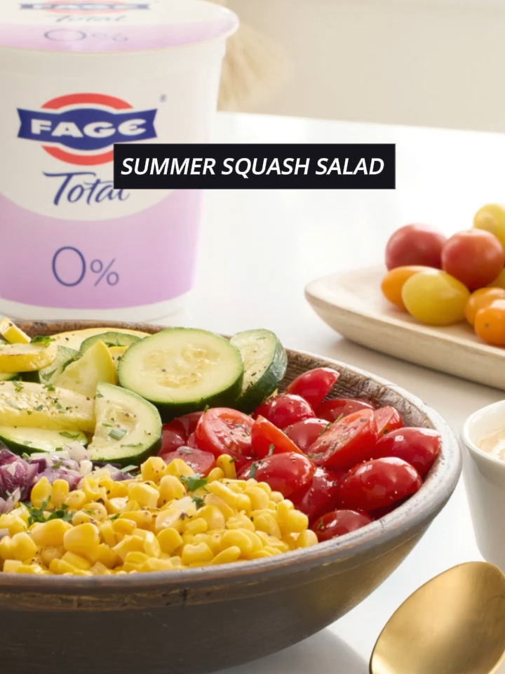 Toss together a mix of refreshing vegetables with a homemade Greek yogurt dressing made with creamy and fat-free FAGE Total yoghurt. A healthy summer salad that is just simply delicious. Ingredients: Chili-lime Yogurt Dressing Ingredients: 50g extra virgin olive oil 45g FAGE Total 0%, 2%, 5% 1 lime, zested 1 lime, juiced 1 garlic clove, minced ½ teaspoon chili powder ¾ teaspoon salt ¼ teaspoon pepper Summer Squash and Tomato Salad Ingredients: 2 tablespoons extra virgin olive oil 1 small red onion, diced 2 garlic cloves, minced 1 medium zucchini, sliced 1 medium summer squash, sliced 3 ears of corn, kernels stripped 300g grape or cherry tomatoes, halved 5g fresh basil, julienned Salt and pepper to taste Preparation: 1. In a small bowl, combine olive oil, yogurt, lime zest, lime juice, garlic, chili powder, and salt and pepper. Set aside. 2. Heat a large skillet over medium heat. Add olive oil and red onion and cook until the onions become slightly translucent. Add garlic, zucchini, and squash. Cook for an additional 5 minutes. 3. Stir in corn and tomato and cook for 1 minute. 4. Transfer onto a serving platter. Top with basil and drizzle the yogurt dressing. 5. Toss and serve immediately. #summerrecipes #salad #greekyoghurt #fagetotal