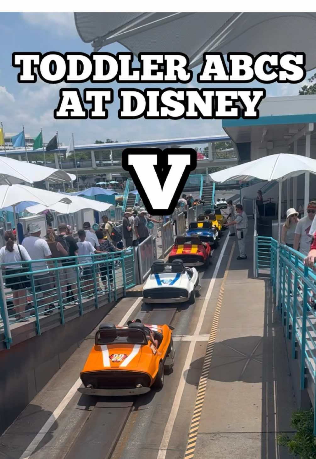 V is for Victory Lap at Tomorrowland Speedway!  While toddlers can’t drive yet, watching the colorful cars race around the track is a fun and lively way to introduce them to the excitement of racing.  Shaded viewing spots make it a great break for families too!  #ToddlerABCsAtDisney #DisneyWithToddlers #disney #disneyparks #waltdisneyworld #disneyworld #tomorrowlandspeedway #victorylap #racing #speedway #tomorrowland #disneytrip #disneyvacation #disneymoments #disneymom #disneyfamily #orlandomom #orlandomoms #orlandoblogger @waltdisneyworldresort @Disney Parks @Disney  