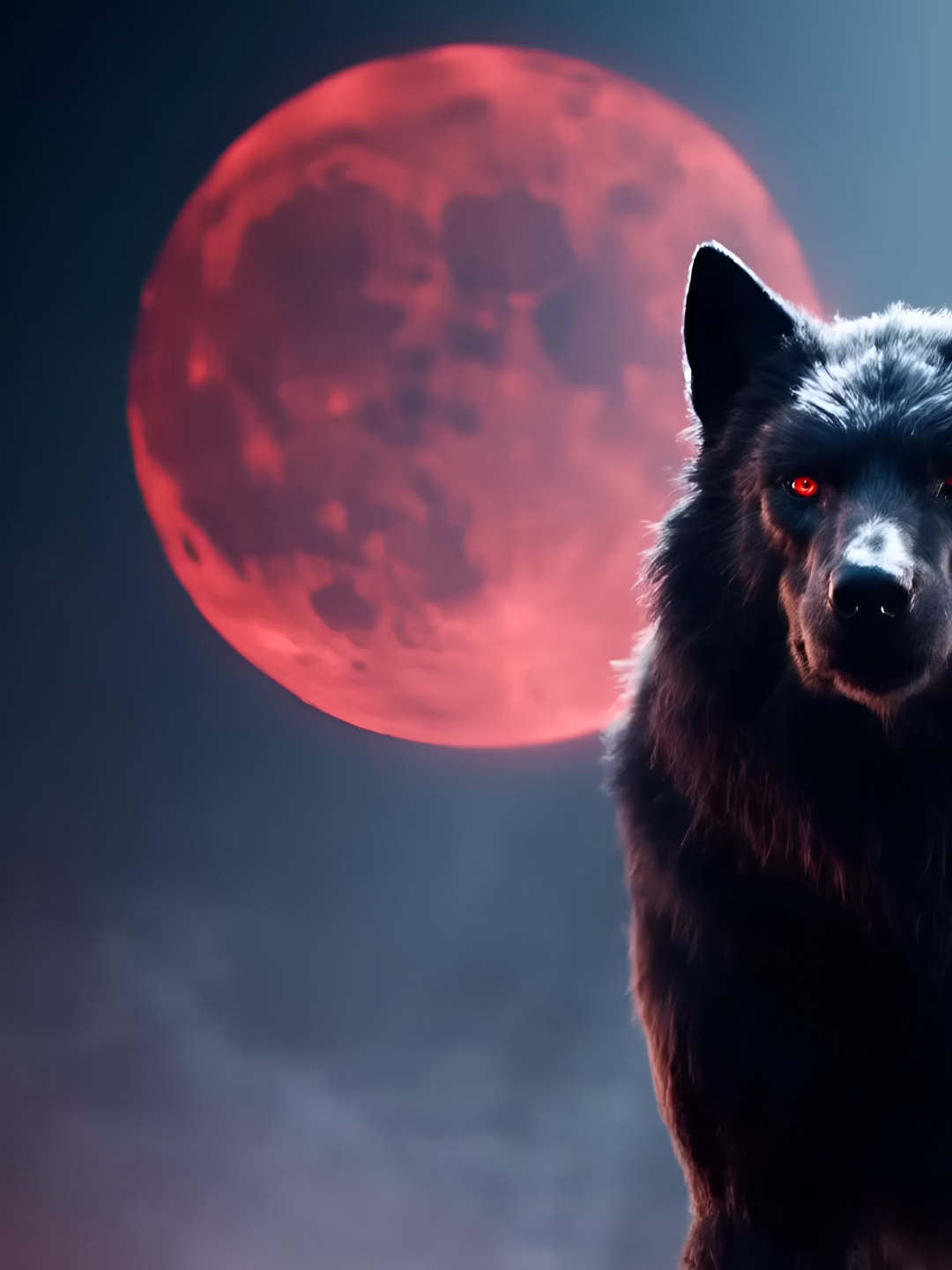 Live Wallpaper – Fenrir: O Lobo do Fim dos Tempos Na luz espectral da lua de sangue, o gigante ancestral emerge das trevas — pura sombra viva com olhos de fogo e o destino dos deuses nas patas. #fenrir #mitologianórdica #paisagemsombria #ViduAI #livewallpaper