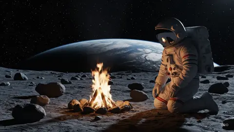 prompt: An ultra-realistic ASMR video of a small campfire burning slowly on the surface of the moon. The scene is set at lunar dusk, with soft shadows stretching across the gray, dusty ground. The fire crackles gently, surrounded by scattered moon rocks. The astronaut viewer kneels near the fire in silence, occasionally brushing moon dust from their gloves. There is no wind—only the subtle sound of fire popping in the vacuum, slightly distorted by the suit’s internal mic. In the background, Earth hangs low above the horizon. The atmosphere is still, surreal, and deeply calming. No dialogue—only fire, space, and silence.