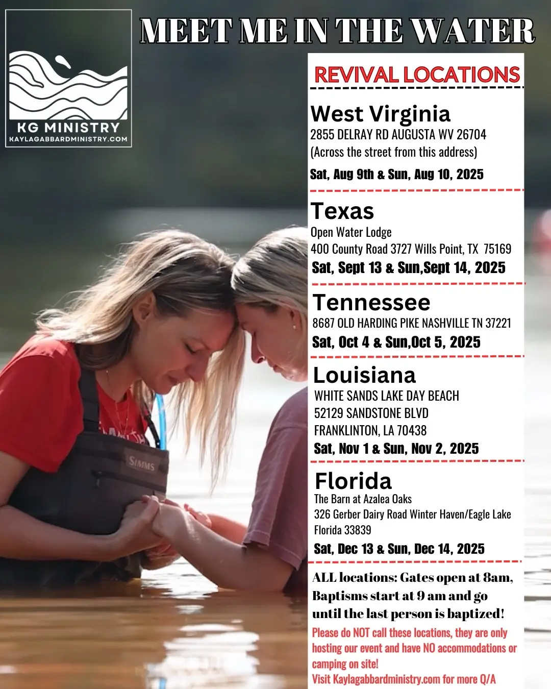 All revivals are completely free from parking, entrance, food, bibles, etc (zero money exchange policy) meaning we don’t want your money, we just want you to come to Jesus!  To find out more about our ministry, calendar of events, ways to support and testimonies, visit our website! kaylagabbardministry.com ‼️Please do NOT call the locations about lodging or common questions, they are our gracious host, NOT the event planners and we do not want to trouble them with constant calls. We book all on site lodging for volunteers ONLY and do NOT permit camping or anyone on property early aside from our staff due to safety reasons and revival preparations! We also have a Q/A on our website to help answer any revival questions you may have.  The attached RSVP form is NOT a sign up sheet as we don't need anything from you but to come. The form just helps us with preparation, if you check 
