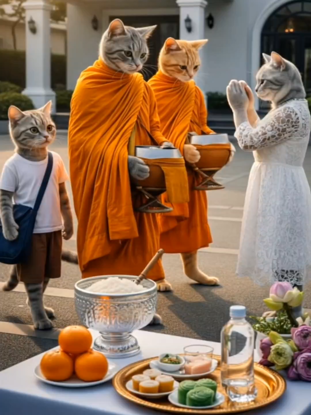 ร่วมอนุโมทนาบุญ...กับเช้านี้ที่เต็มไปด้วยความสงบ #ตักบาตร #วันพระใหญ่ #วันเข้าพรรษา #แมว #ทาสแมว #ai #aicat #cat #aigenerated #animation #tiny 