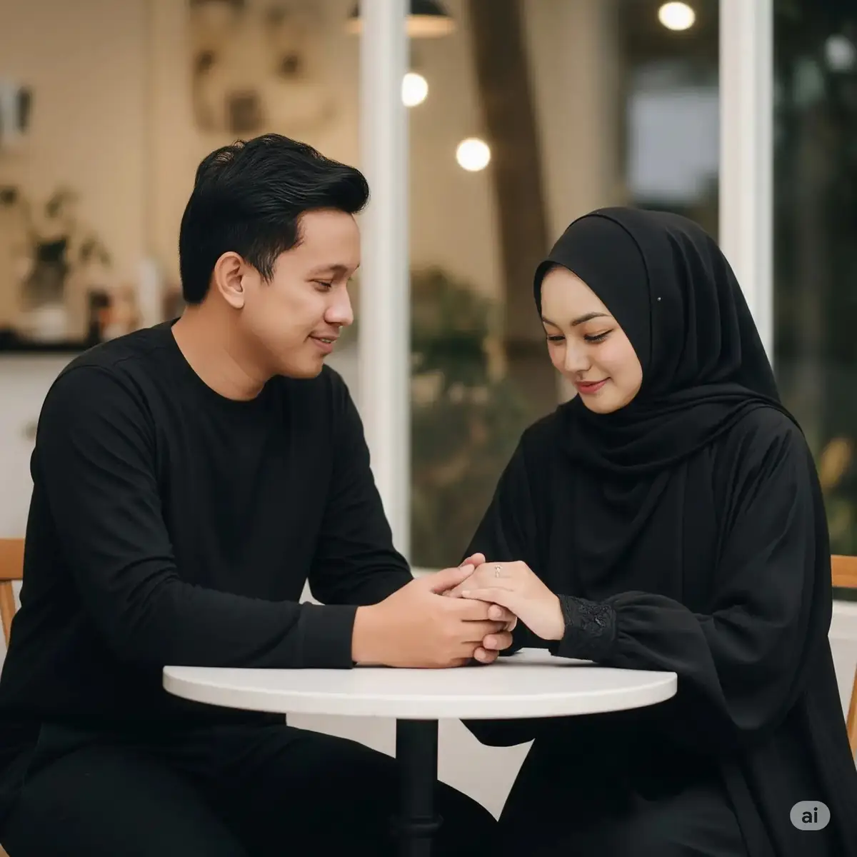 jumat Mubarak with nuray istiqbal cara membuat foto, buka gemini pro, tulis prompt, A full-body portrait of a Southeast Asian couple standing in front of a large window with soft daylight streaming in. The man, wearing a black button-up shirt and dark trousers, stands confidently with a calm, gentle expression. Beside him, the woman in a flowing black abaya and syar’i hijab stands slightly leaning toward him, holding his arm with both hands. Her face is soft and elegant, showing a beauty mark on her cheek, and a subtle smile. Natural lighting from the window creates a warm, serene atmosphere. The scene is bright, minimalist, romantic, and modest, capturing a peaceful Islamic couple moment with cinematic detail. #ai #fyp #capcut #fyppppppppppppppppppppppp #viraltiktok #viral #viralvideo #gemini #veo #tiktok 