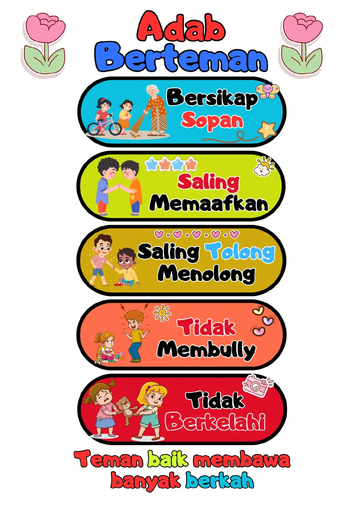 🤝 Hiasan Adab Berteman untuk Anak Sekolah 🌟 Bantu tanamkan nilai-nilai kebaikan lewat visual yang menarik! Berisi pesan penting yang mudah dipahami anak-anak: ✅ Saling tolong-menolong ✅ Tidak membully ✅ Bersikap sopan ✅ Tidak berkelahi ✅ Saling memaafkan Cocok untuk ditempel di dinding kelas atau papan tulis. Desain lucu & edukatif, bisa jadi pengingat harian yang positif bagi siswa! #AdabBerteman #HiasanAdab #DekorasiKelas #PosterKarakter #KelasKarakter #AntiBullying #SalingTolongMenolong #SalingMemaafkan #GuruKreatif #TeacherTok #EduTok #KelasInspiratif #AdabAnak #PosterKelas #BelajarAdab #buhenibumijawa 