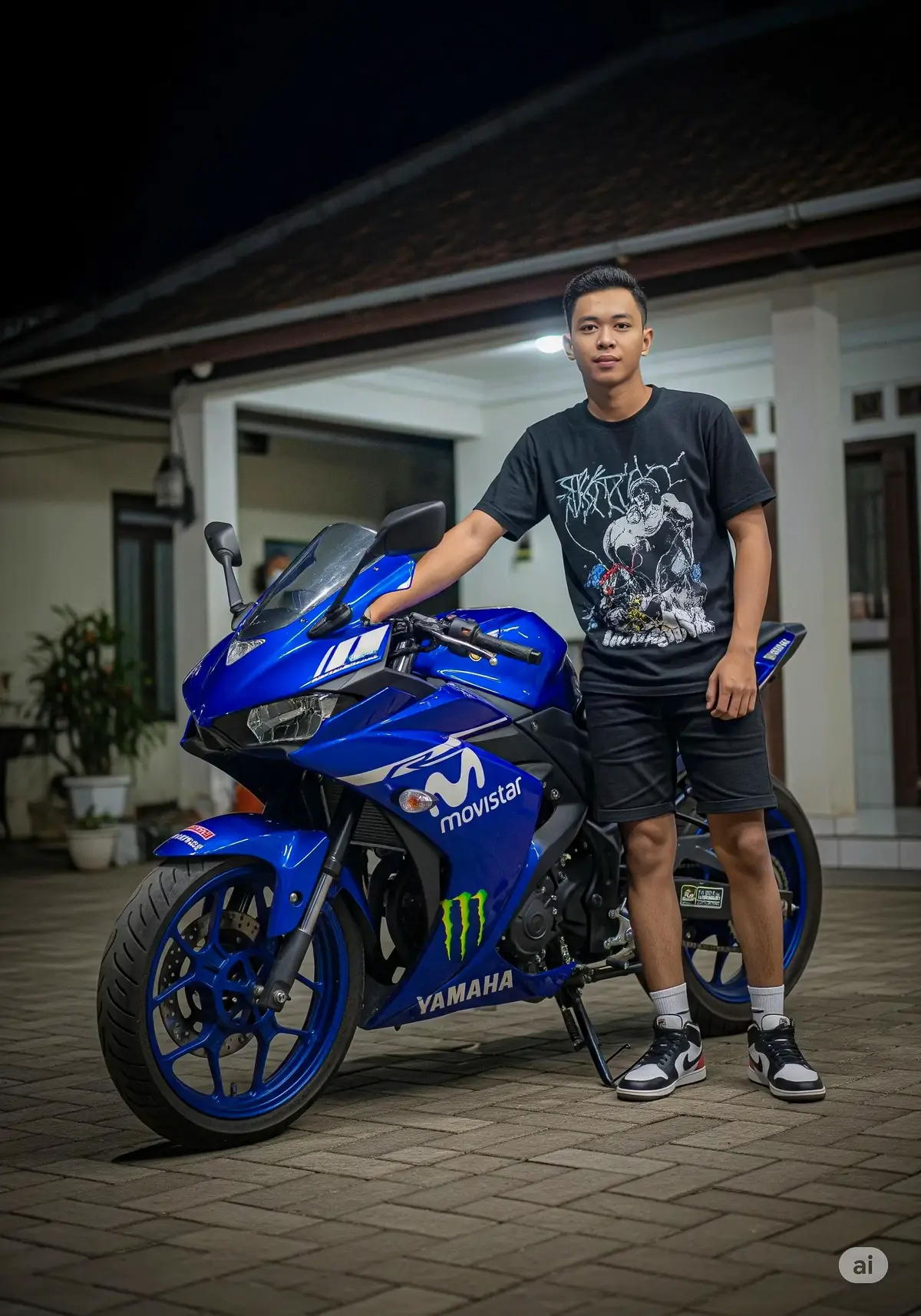 (prompt) :Buat foto ala anak muda tahun 2024 Pria sekitar umur 20an dengan badan kurus dan bergaya rambut comb over menggunakan outfit kaos hitam longar bergambar dan celana pendek hitam dan menggunakan sepatu air jordan 1, sedang berpose duduk di motor ducati vanegale v4 warna MERAH, latar belakang di garasi depan teras rumah Indonesia pada malam hari menggunakan flash, dan berpose menghadap kamera dengan muka senyum datar dan foto diambil dari jarak menggunakan lensa wide terlihat full sampai ujung kaki detail seperti asli dan realistis. Foto diambil menggunakan kamera Iphone 15 pro dengan menggunakan flash dengan 8K Resolusi ukuran 3:4  #prompt #edit #ai #gemini 