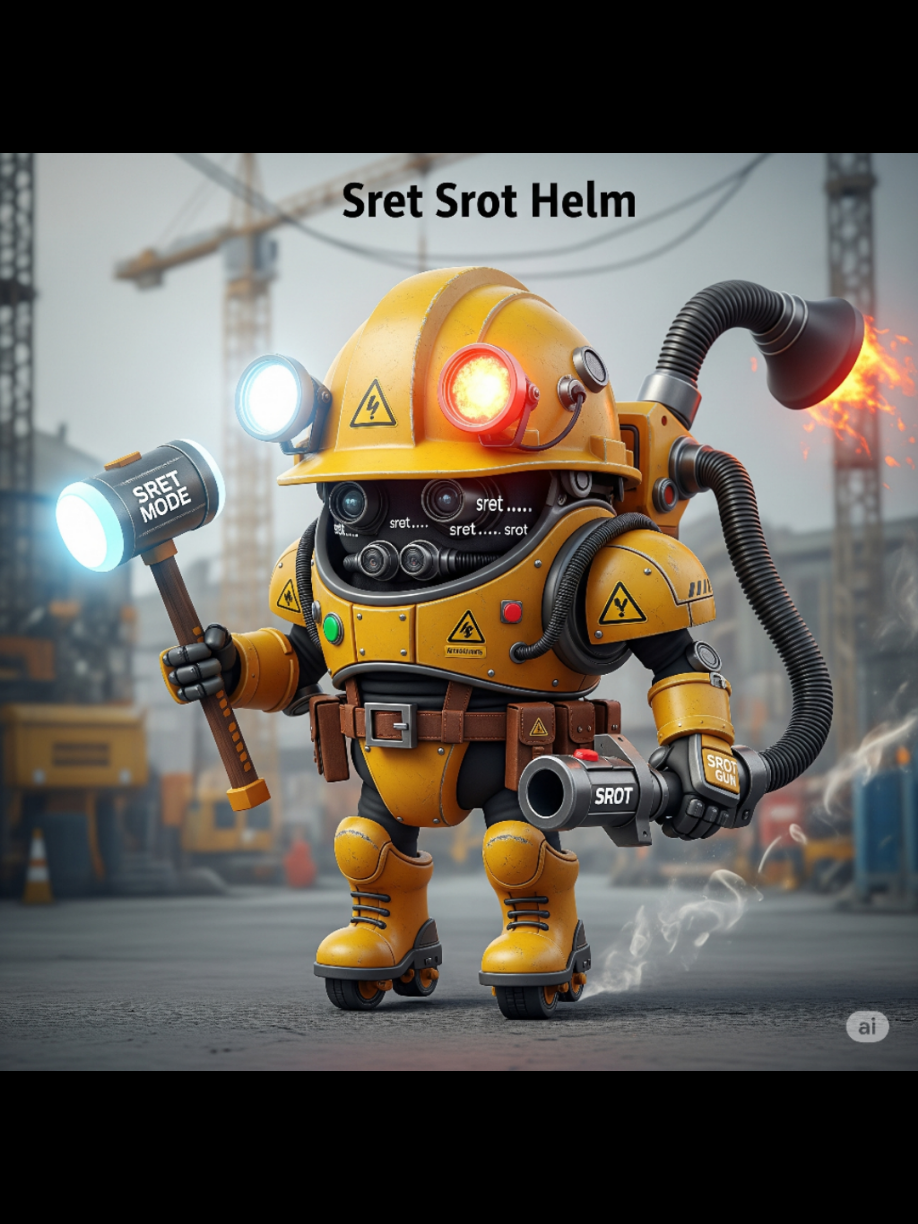 Sret Srot Helm “Sekali sret, dua kali srot... rahasia hidupmu habis kesedot!” 👁️ Desain Karakter: 👤 Penampilan: Kepala: Helm kuning proyek jadul, bentuknya lonjong dengan dua lampu sorot hidup — satu menyala putih terang, satu menyala merah menyala. Di bagian belakang ada selang seperti vakum penyedot pikiran. Mata: Tersembunyi, tapi kadang muncul dua lensa kamera keluar dari helm kayak mata robot. Mulut: Tidak kelihatan, tapi dari dalam helm kadang terdengar suara desahan “sret… srot…” diiringi suara mesin. Badan: Campuran armor proyek dan peralatan berat — ada kabel menjuntai, tombol kontrol, dan simbol hazard. Tangan: Kanan: Palu besar menyala, bertuliskan “SRET MODE”. Kiri: Selang penyedot dengan ujung logam — disebut “SROT GUN”. Kaki: Boots proyek dengan roda kecil tersembunyi di dalamnya, bisa slide di lantai seperti ninja pabrik. 💢 Kepribadian & Perilaku: Tidak bicara banyak — tapi selalu datang kalau ada kebohongan di tempat kerja. Muncul saat malam di proyek kosong atau ruang rapat yang banyak intrik. Punya misi: 
