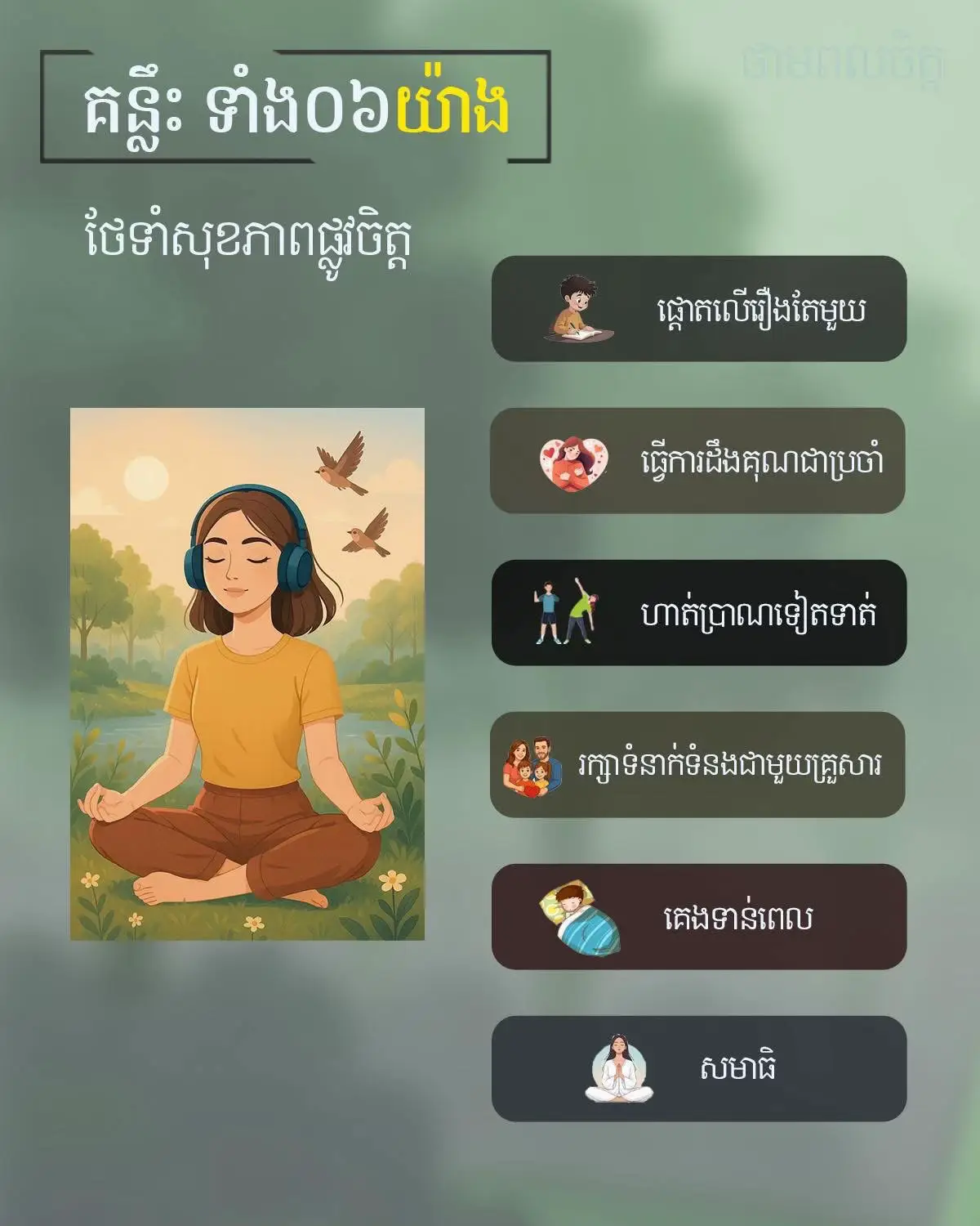 គន្លឹះទាំង០៦យ៉ាង​  ដេីម្បីថែទាំសុខភាពផ្លូវចិត្ត​ ❤️️🙏 #ថាមពលចិត្ត #VIPASSA