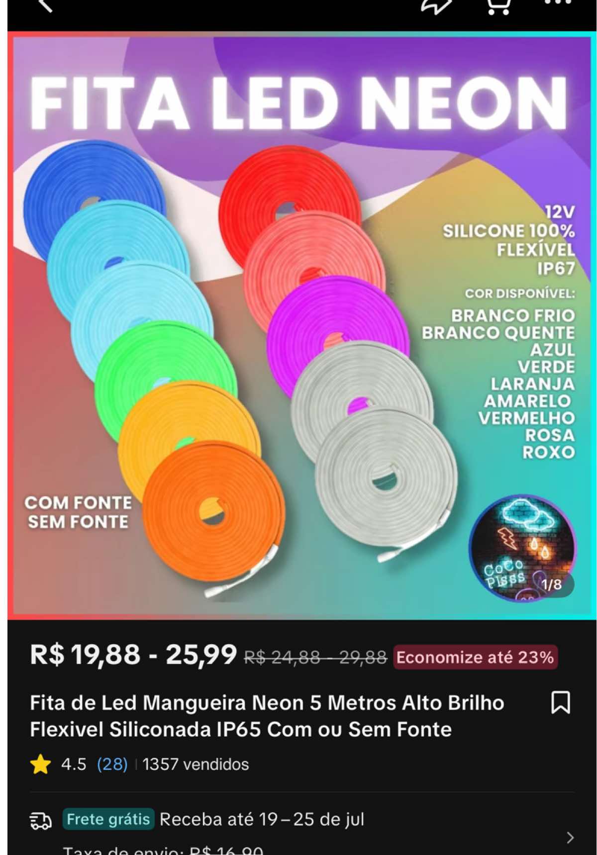 🌟 Ilumine qualquer ambiente em segundos! Fita LED Neon 5 m | 100% silicone | IP65 | várias cores. Perfeita para quarto, setup, evento e decoração. Escolha com ou sem fonte e leve esse brilho para casa! 🌈 #FitaLEDNeon #NeonFlexível #DecoraçãoLED #SetupIluminado #LED5m #DecoraçãoTikTok #ambientecolorido 