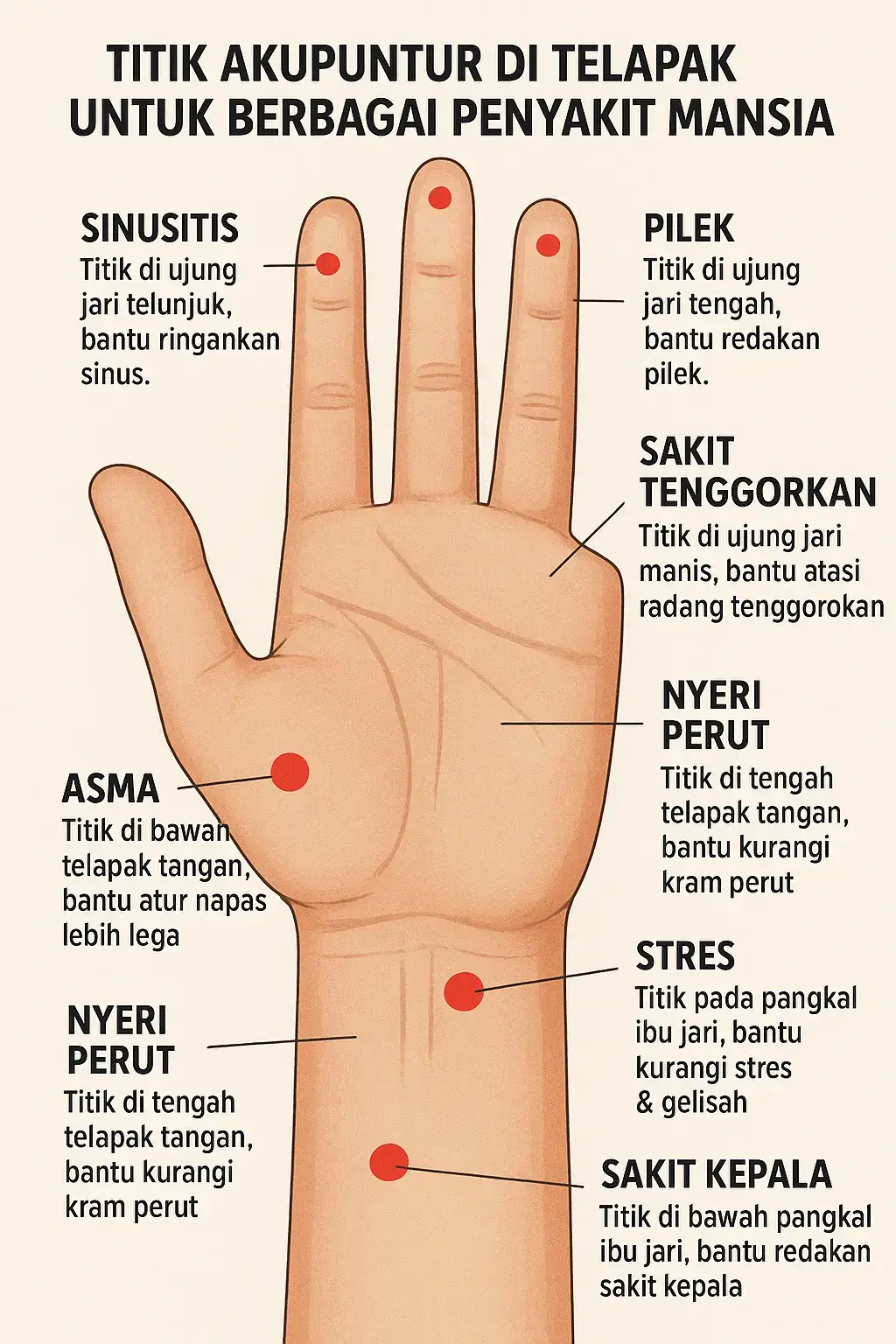 Pijat lembut titik-titik ini untuk membantu meredakan berbagai keluhan tubuh secara alami: 🔴 Sinusitis: 👉 Titik di ujung jari telunjuk, bantu ringankan sinus & hidung tersumbat. 🔴 Pilek: 👉 Titik di ujung jari tengah, bantu redakan gejala pilek. 🔴 Sakit Tenggorokan: 👉 Titik di ujung jari manis, bantu atasi radang & nyeri tenggorokan. 🔴 Asma: 👉 Titik di bawah telapak tangan, bantu pernapasan lebih lega. 🔴 Nyeri Perut: 👉 Titik di tengah telapak, bantu kurangi kram & sakit perut. 🔴 Stres & Gelisah: 👉 Titik di pangkal ibu jari, bantu menenangkan pikiran. 🔴 Sakit Kepala: 👉 Titik di bawah pangkal ibu jari, bantu redakan sakit kepala & tegang. 🌱 Lakukan pemijatan rutin sambil menarik napas dalam-dalam agar hasilnya lebih optimal. #akupuntur #pijat #kesehatanalami #relaksasi #tipssehat #sehatitupenting #pijatrefleksi 