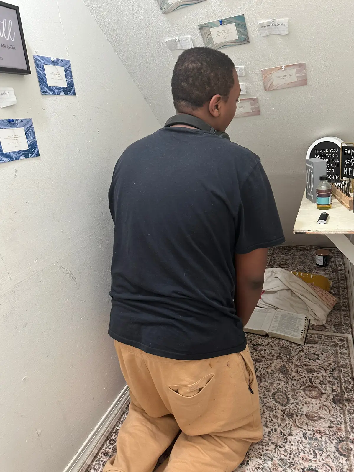 Look what God is doing for my family my sons praying in the prayer closet. Thank you, Lord.🙏🏼🙌🏼