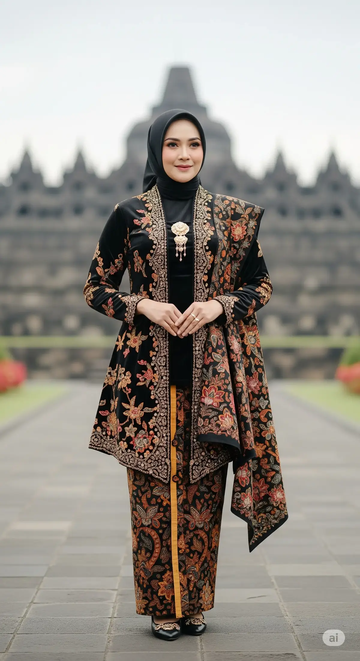AI Prompt: Foto formal Indonesia bernuansa Jawa modern wanita berhijab, kebaya powder pink, dengan bros emas dan lain batik Jawa modern berdiri  sampai kaki elegan, latar belakang keraton dan candi Borobudur.