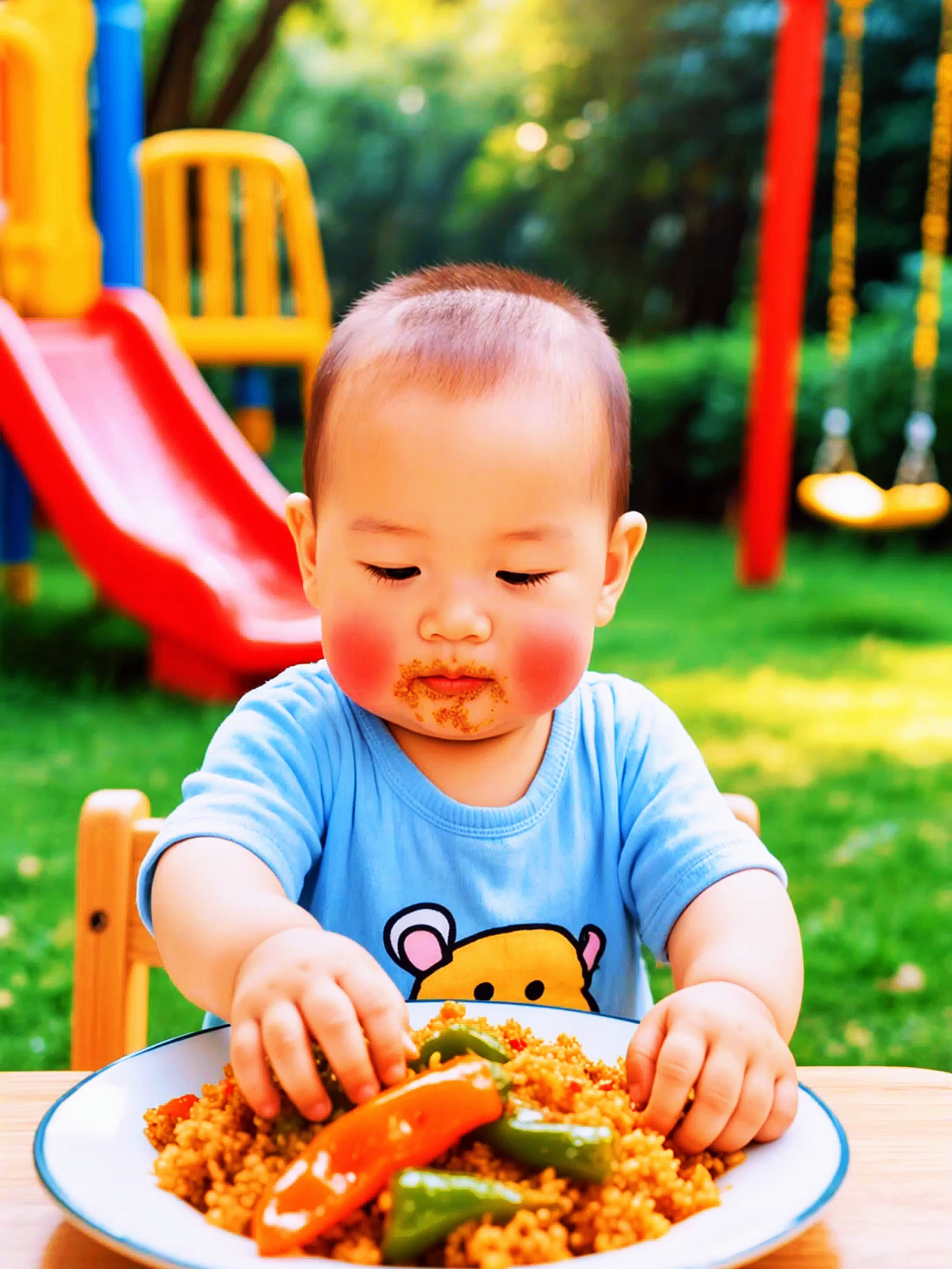 The baby sits at a playground table, eating the small chillies.  #livewallpaper #4klivewallpaper #livewallpapers #livewallpaper4k #wallpaper #wallpapers #baby
