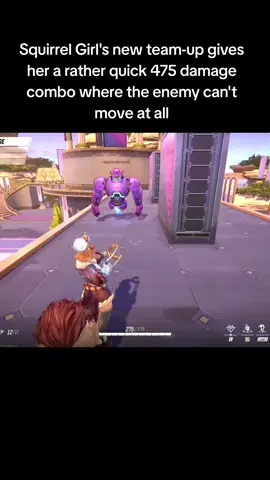 #MarvelRivals #TheAbyssAwakens Squirrel Girl's new team-up gives her a rather quick 475 damage combo where the enemy can't move at all Melees at the beginning are to get the bot to 475 hp for demonstration purposes.   Not sure how feasible this combo is in actual games, but it's something.