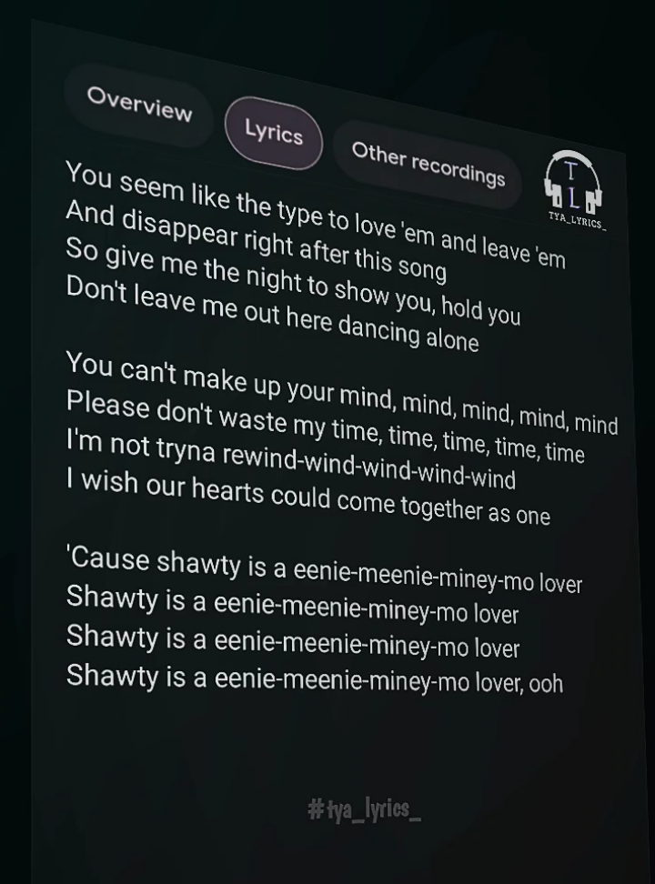 This song 😌🎧🎶 . . . #eeniemeenie #justinbieber #lyrics #song #cover #coversong #lyrics_songs #music #viral #viralmusic #lirik #liriklagu #lagu #laguviral #foryou #foryoupage #fypシ゚viral #fyp #tya_lyrics_ 