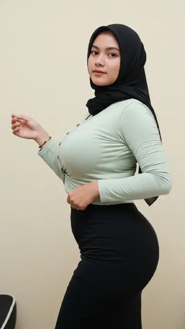 * Jilbab/Hijab: Wanita tersebut mengenakan jilbab berwarna hitam polos yang menutupi kepala, leher, dan dada. Jilbab ini tampaknya terbuat dari bahan yang jatuh dan ringan.  * Atasan: Ia memakai atasan lengan panjang berwarna hijau muda atau mint. Atasan ini memiliki potongan yang cukup ketat di bagian tubuh dan menunjukkan lekuk tubuh, terutama di bagian dada dan pinggang. Bahan atasan terlihat halus dan elastis.  * Bawahan: Ia mengenakan rok panjang berwarna hitam polos. Rok ini juga memiliki potongan yang ketat, menampilkan bentuk pinggul dan kaki. Panjang rok tampaknya mencapai mata kaki atau sedikit di atasnya. Secara keseluruhan, pakaiannya memadukan warna gelap (hitam) dengan warna cerah (hijau muda), dan memiliki siluet yang menunjukkan bentuk tubuh.