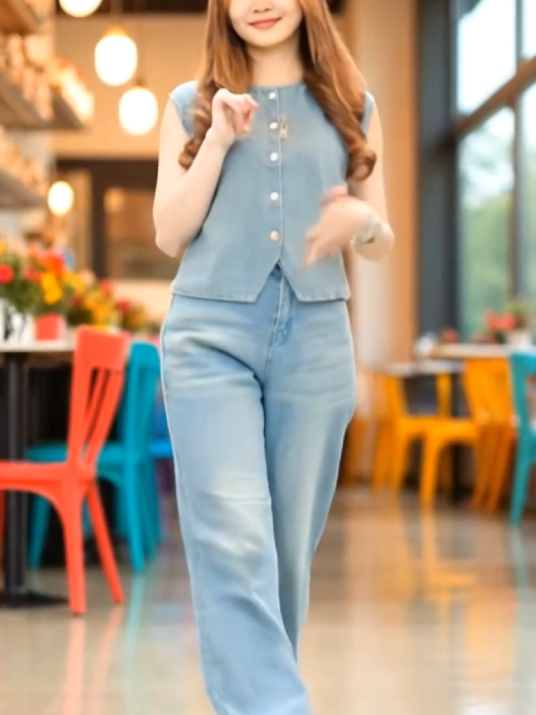 OneSet Vest Celana Loose Jeans Wanita #onesetvestcelanajeanswanita #wibgajian  #waktuindonesiabelanja  #cuantanpabatas  #high  #fyp 