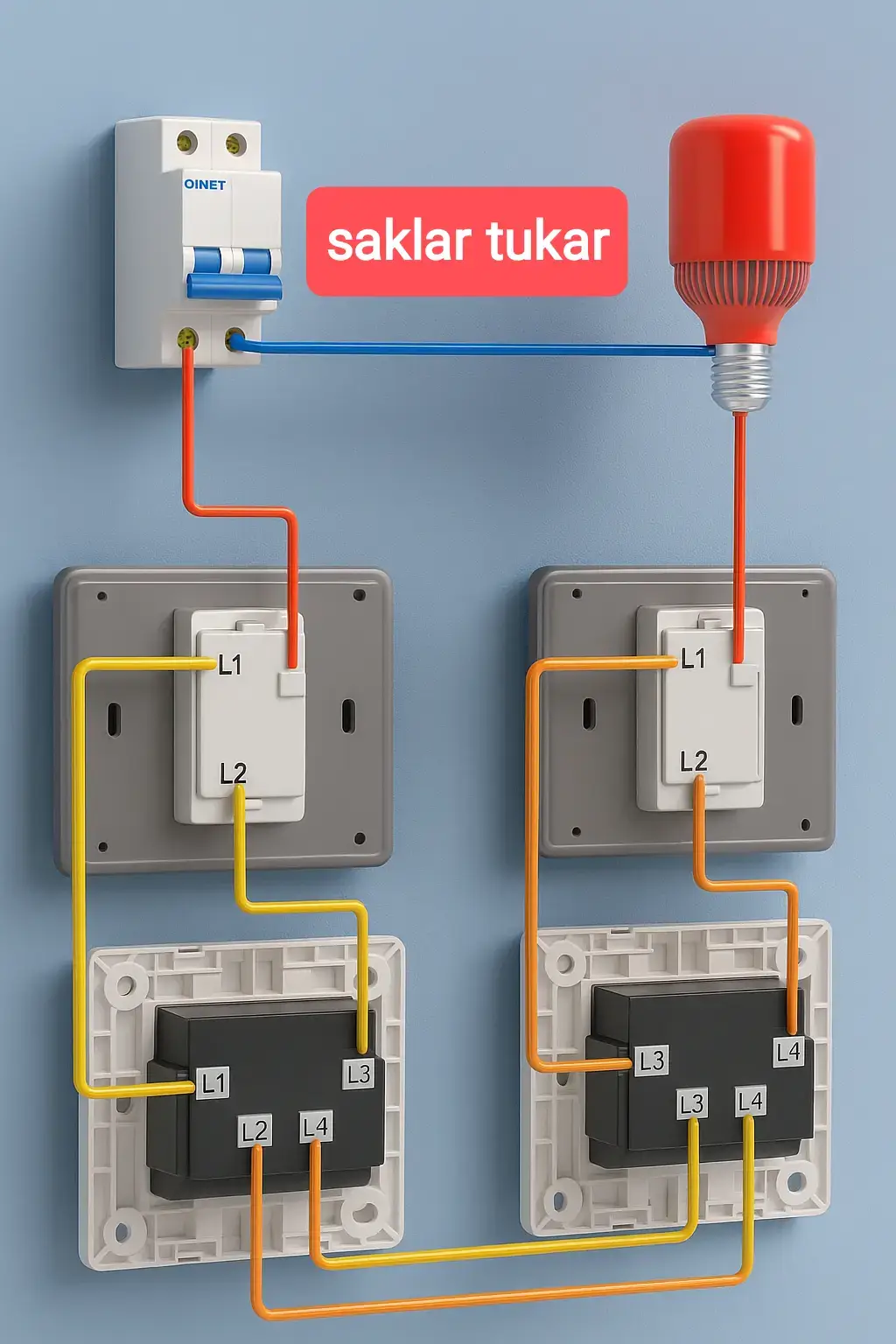 Saklar intermediate adalah saklar yang digunakan dalam sistem instalasi listrik untuk mengendalikan satu titik lampu atau beban listrik dari tiga tempat atau lebih. Ciri-ciri Saklar Intermediate: Memiliki empat terminal (biasanya ditandai L1, L2, L3, L4). Digunakan bersama dengan dua saklar tukar (saklar 2 arah). Berfungsi sebagai pengalih jalur arus listrik di tengah-tengah dua saklar tukar. Fungsi: Memungkinkan kontrol lampu dari tiga lokasi berbeda. Contoh aplikasinya: koridor panjang, tangga bertingkat, atau aula besar. Skema Penggunaan: Saklar tukar pertama (di ujung satu). Saklar intermediate (di tengah). Saklar tukar kedua (di ujung lainnya). Ilustrasi Sederhana: Saklar tukar 1 → Saklar intermediate → Saklar tukar 2 → Lampu.