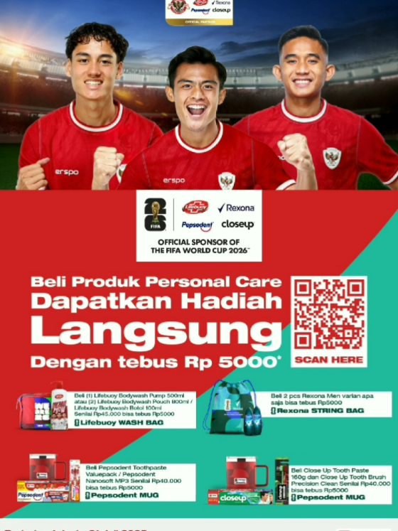 Hallo family Midi, ada promo menarik dari Unilever loh. Beli Produk Personal Care Dapatkan Hadiah Langsung Dengan Tebus Rp. 5.000  Caranya :  - Beli Lifebuoy bodywash pump 500ml /  Lifebuoy bodywash pouch 800ml /  Lifebuoy bodywash btl 100ml Senilai Rp. 45.000 bisa tebus Rp. 5.000 Lifebuoy Wash Bag - Beli 2pcs Rexona Men variant apa saja bisa tebus Rp. 5.000 Rexona String Bag - Beli Pepsodent Toothpaste Valuepack 2x225gr /  Pepsodent toothbrush Nanosoft 3's / Close up toothpaste Green 160gr / Close up toothbrush Precision clean  Senilai Rp. 40.000 bisa tebus Rp. 5.000 Pepsodent Mug  Yuk Dukung Timnas kebanggaan Indonesia  Periode 1 Juni - 31 Juli 2025 Hanya di @alfamidi_ku  #promoalfamidi  #juarabarengalfamidi  #timnas  #lifebuoy  #pepsodent  #closeup  #rexona 