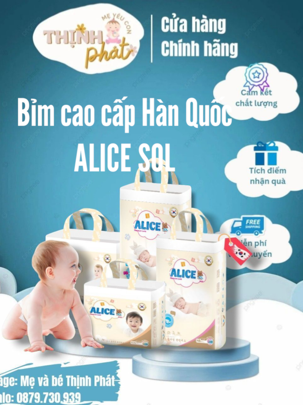 🍀🍀 Tã Bỉm cao cấp #Alice_Sol  – Công Nghệ Hàn Quốc 👉Giá chỉ 2xx 🎁🎁 Combo quà tặng hấp dẫn Alice luôn đặt sức khoẻ của bé yêu lên hàng đầu, hiểu được nỗi lo của các mẹ, Alice tạo ra dòng tã/bỉm chất lượng cao đáp ứng tiêu chí Mỏng – Mềm – Mịn – Mát với khả năng thấp hút vượt trội.  – Sản xuất bởi:Công ty TNHH Giấy Đông Quan Tianzheng (Trung Quốc),đại diện là NICE SUPPLY,CHAIN LIMITED tại Room 5003 Floor 5, Yau Lee Center, 45 Hoi Yuen Road, Kwun Tong, Kowloon, HongKong China – Công ty nhập khẩu và phân phối: Công ty TNHH Thực Phẩm Dinh Dưỡng Diamond Nutrition – Thông tin chi tiết được Alice cung cấp trên tem phụ ở mỗi sản phẩm theo đúng quy định 🌟 Tã/bỉm quần Alice siêu mềm mại, an toàn cho bé. Thuộc dòng sản phẩm cho bé sơ sinh nên tã Alice mang đầy đủ những đặc điểm nổi trội để bảo vệ làn da non nớt, nhảy cảm cũng như sức khỏe của bé một cách tốt nhất. Với các tính năng nổi bật như: 🌸 Siêu khô thoáng, ngừa hăm bí một cách hiệu quả 🌸 Thấm hút siêu nhanh 🌸 Chống trào hiệu quả 🌸 Siêu mỏng chỉ 1.9 mm 🌸 Sợi bông hữu cơ mềm mại, an toàn tuyệt đối 🌸 Chun lưng 4 chiều vừa vặn, không hằn đỏ 🌟 Kích thước: – Size NB dán: 60 miếng bỉm (Dưới 5kg) – Size S dán: 58 miếng (4-8kg) – Size M quần: 46 miếng (6-11kg) – Size L quần: 44 miếng (9-14kg) – Size XL quần: 42 miếng (12-17kg) – Size XXL quần: 40 miếng (16-22kg) – Size XXXL quần: 38 miếng (21-27kg) 🌸 Lưu ý: – Các size bỉm nhà Alice đã được cải tiến lên phiên bản mới nhất ( từ NB – XXXL) – Nếu trường hợp bé có vòng đùi, vòng bụng to hoặc các đặc điểm khác khó chọn size Mom nhắn qua cho shop để được tư vấn kĩ hơn nhé 🌸 🌟 Sản phẩm sẽ là một lựa chọn thông minh và hoàn hảo của mẹ dành cho bé trong những năm tháng đầu đời 🌟 🌟 CHÍNH SÁCH CAM KẾT TẠI ALICE 🌟 – Sản phẩm giống mô tả, hàng chính hãng. – Sản phẩm được kiểm tra kĩ càng, đóng gói cẩn thận và tư vấn nhiệt tình. – Mọi thắc mắc đều sẽ được đội ngũ CSKH trực tiếp nhắn tin, giải quyết – Giao hàng trên toàn quốc _____________________ #Inbox để được tư vấn dinh dưỡng và sức khỏe ❤ 🏠 Mẹ & bé Thịnh Phát. 👌 CHUYÊN SỮA - TÃ - YẾN SÀO. 🎁 Tích lũy đổi quà 👉 Đến ngay: 164/1B Đường Thoại Ngọc Hầu, Phường Mỹ Long, TP. Long Xuyên, An Giang 🚛 Ship COD toàn quốc..