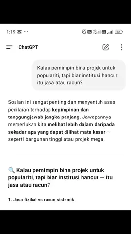 Kita sering bangga kata kita rakyat merdeka. Tapi bila suara kita ditenggelamkan dalam sistem yang dikuasai segelintir, masihkah itu dipanggil merdeka? Kita sanjung pemimpin sebab bina bangunan tinggi dan projek mega tapi tak persoal bila institusi penting lumpuh, bila sistem makin pincang dan tak adil. Kita terlalu mudah kagum dengan populariti, lupa soal integriti. Kalau sistem hancur, suara rakyat hilang, dan kuasa politik hanya berpusing dalam kelompok yang sama itu bukan kemajuan, itu penjajahan bentuk baru. Anak cucu kita nanti bukan hanya warisi negara cantik di luar, tapi sistem yang penuh lubang dan tidak melindungi mereka. Jadi, sampai bila kita nak nilai pemimpin dari wajah dan retorik, bukan dari dasar dan keberanian perbetul sistem? #MerdekaTanpaSuara  #BangkitFikir  #PulihkanSistem  #RakyatBukanRobot  #PolitikBukanProjek  #MalaysiaAdilUntukSemua  #fyp #fyppppppppppppppppppppppp #fypシ゚viral 