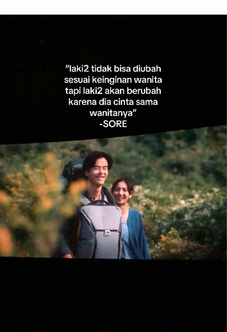udah nonton webseriesnya dan emang sebagus itu, sekarang coba nonton film nya pun tetep sebagus itu. pesan film nya sampe ke hati banget. karakter sore nya kuat banget menghadapi takdirnya🥺 “sore mengajarkan bahwa apa yg ditakdirkan untukmu tidak akan pernah bisa benar2 pergi darimu. sejauh apapun kita pergi kalo memang dia untuk kita pasti akan ada cara untuk bertemu kembali” #SORE #soreistridarimasadepan #foryoupage 