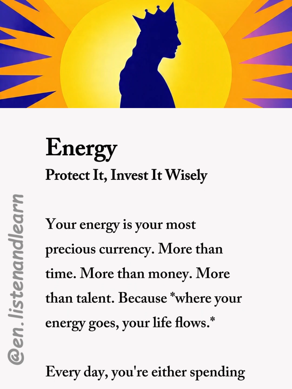 Energy, protect it, invest it wisely  Improve your English skills by listening 🎧 and speaking 🗣️ English practice  #englishlistening #listenandlearn #selfimprovementdaily #englishreading  #energy #LearnOnTikTok 