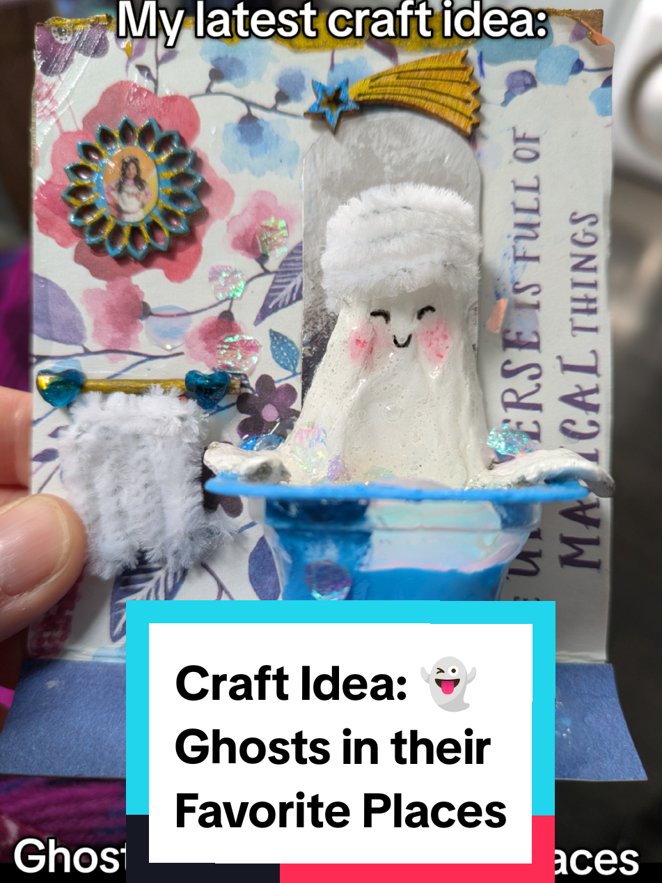 Another ghost in their favorite room of the house, having a delectable soak! It's the little comfy and quiet moments that make life (and death!) worthwhile. A simple and cute craft idea you can use scrap/salvaged materials for to make a new 'room' or space when the mood to craft hits.  #myartwork #crafting #cuteghost #craftideas #quietmoments 