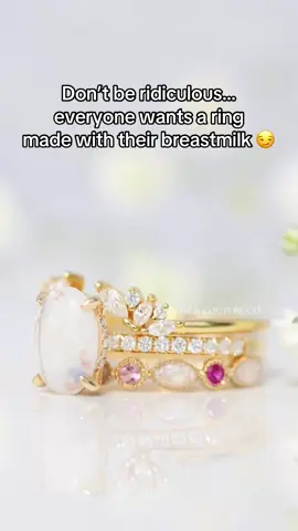 And once you start… you get addicted 😆 Seriously though, what is better than jewelry made with your own precious keepsakes - breastmilk, fabric, flowers, ashes, pregnancy tests, first baby teeth, you name it! IMO it’s the coolest thing ever but I am a bit biased. 💁🏻‍♀️ And based.  Ring stack deets: The Evara (stacker) The Grace with breastmilk, hair, sentimental flowers, crushed white opal, opal flakes, and moonstone luster The Heirloom with breastmilk, crushed white opal, moonstone luster and opal flakes (if I remember correctly!) #breastmilkjewelry #keepsakejewelry #keepsake #breastmilk #fypシ 