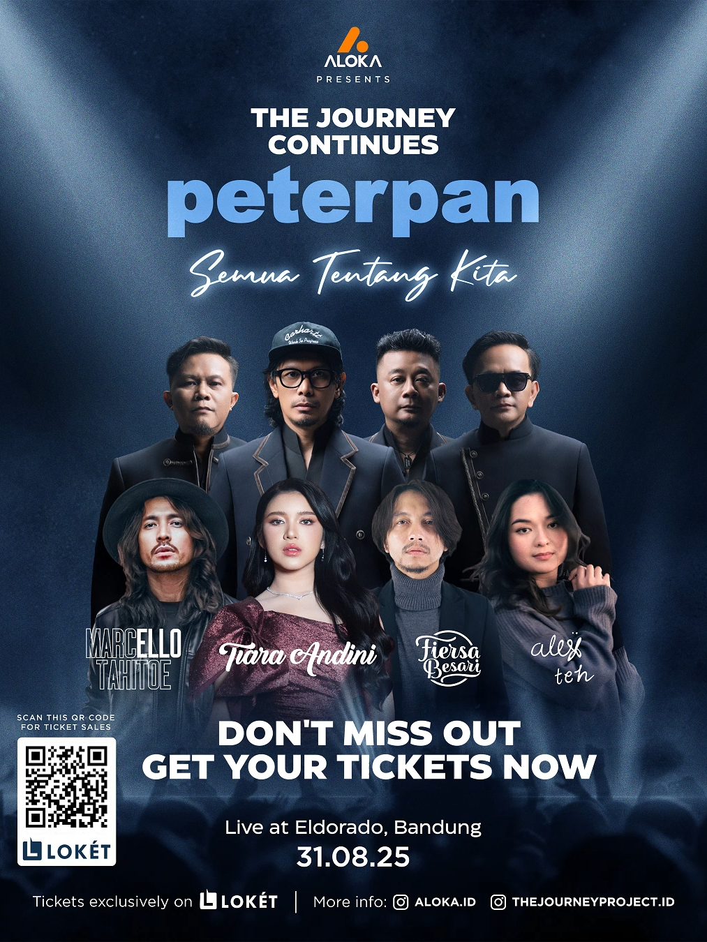Don’t Miss Out — Get Your Tickets Now! Ini bukan cuma konser nostalgia. Ini cara kita ngerayain lagu-lagu @peterpanband.id supaya terus hidup, terus tumbuh, dan terus nemuin tempatnya di hati kita semua — lintas waktu, lintas generasi. Untuk pertama kalinya, kamu bakal lihat @lukmannoah, @rezadanish, @indra_thetitans, dan @andika.naliputra bawain lagi karya-karya yang dulu mereka lahirkan, bareng suara-suara baru: @marcello_tahitoe, @tiaraandini, @fiersabesari, dan @alexxandrateh. Sebuah konser yang belum pernah ada sebelumnya. Jangan cuma denger ceritanya nanti. Rasain sendiri momennya, nyanyi sekenceng-kencengnya bareng ribuan orang lain, dan buktiin kalau semua ini bener-bener Semua Tentang Kita. 🎟 Premier Category juga tersedia buat kamu yang mau pengalaman paling spesial — mulai dari duduk di tribun terdepan, ikut soundcheck bareng Peterpan, dapat T-shirt bertanda tangan, sampai merchandise eksklusif. Tiket udah bisa kamu amankan sekarang di @loketcom. Scan QR code atau klik link di bio buat langsung ke laman pembelian tiket. Jangan sampe kehabisan — sejarah ini cuma akan terjadi sekali. The Journey Continues Peterpan — Semua Tentang Kita 📍 Eldorado, Bandung, 31.08.25 #thejourneyproject #bandung #PeterpanComeBack #konsermusik #viralvideo #konserbandung #nostalgia #ALOKA #Peterpan #fyppppppppppppppppppppppp
