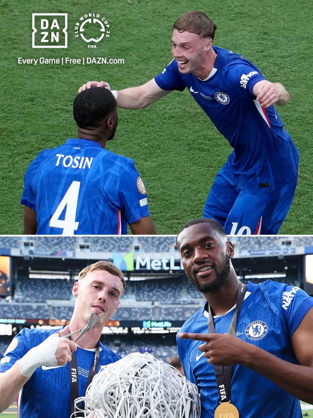Champions lift each other. 💙 Tosin lifted the trophy. Palmer lifted him. 🏆 This is what winning as a team looks like. (🎥 @chelseafc ) GLOBAL HOME OF FOOTBALL | Live All Summer Long | DAZN.com | #FIFACWC #TakeItToTheWorld