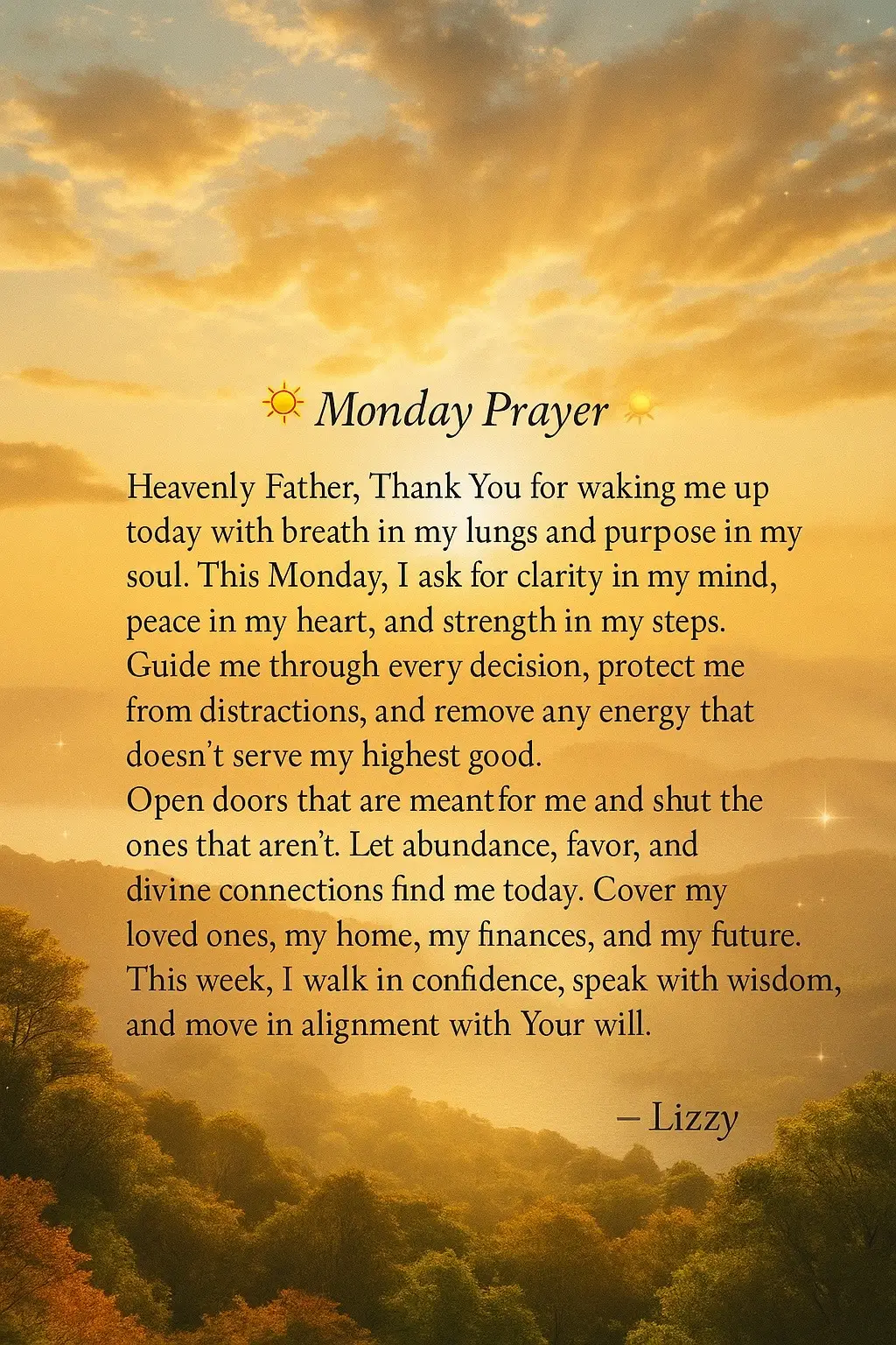 New week, new energy, same faith. 🙏🏽✨ Covered, focused, and walking in purpose. Let this Monday be filled with divine alignment and unexpected blessings. Lizzy 💛 #MondayPrayer #FaithOverFear #DivineTiming #GratefulHeart #SpiritualVibes#fyp #god 