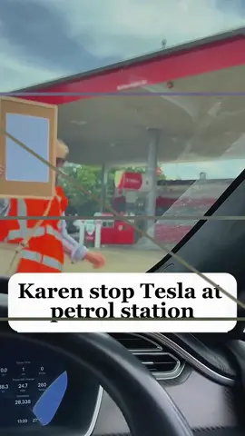 Karen stop Tesla at petrol station (Part 1) #karen #karens #usa #foryou #fyp 