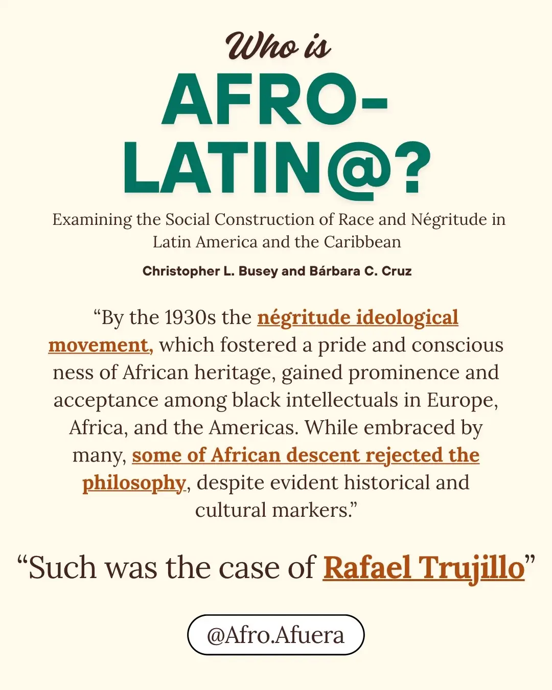 Simplifying academic, scholarly sources is making a comeback! Here are direct quotes from this week's article coming Friday!! The direct quotes come directly from the article, and are NOT my words/commentary.  - Citation: Busey, C. L., & Cruz, B. C. (2017). Who is Afro-Latin@? Examining the social construction of race and négritude in Latin America and the Caribbean. Social Education, 81(1), 37-42. - #fyp #foryou #blacklatina #afrolatina #dominican #latinos #latina #dominican #sass #academic #scholarly #academia #trujillo 