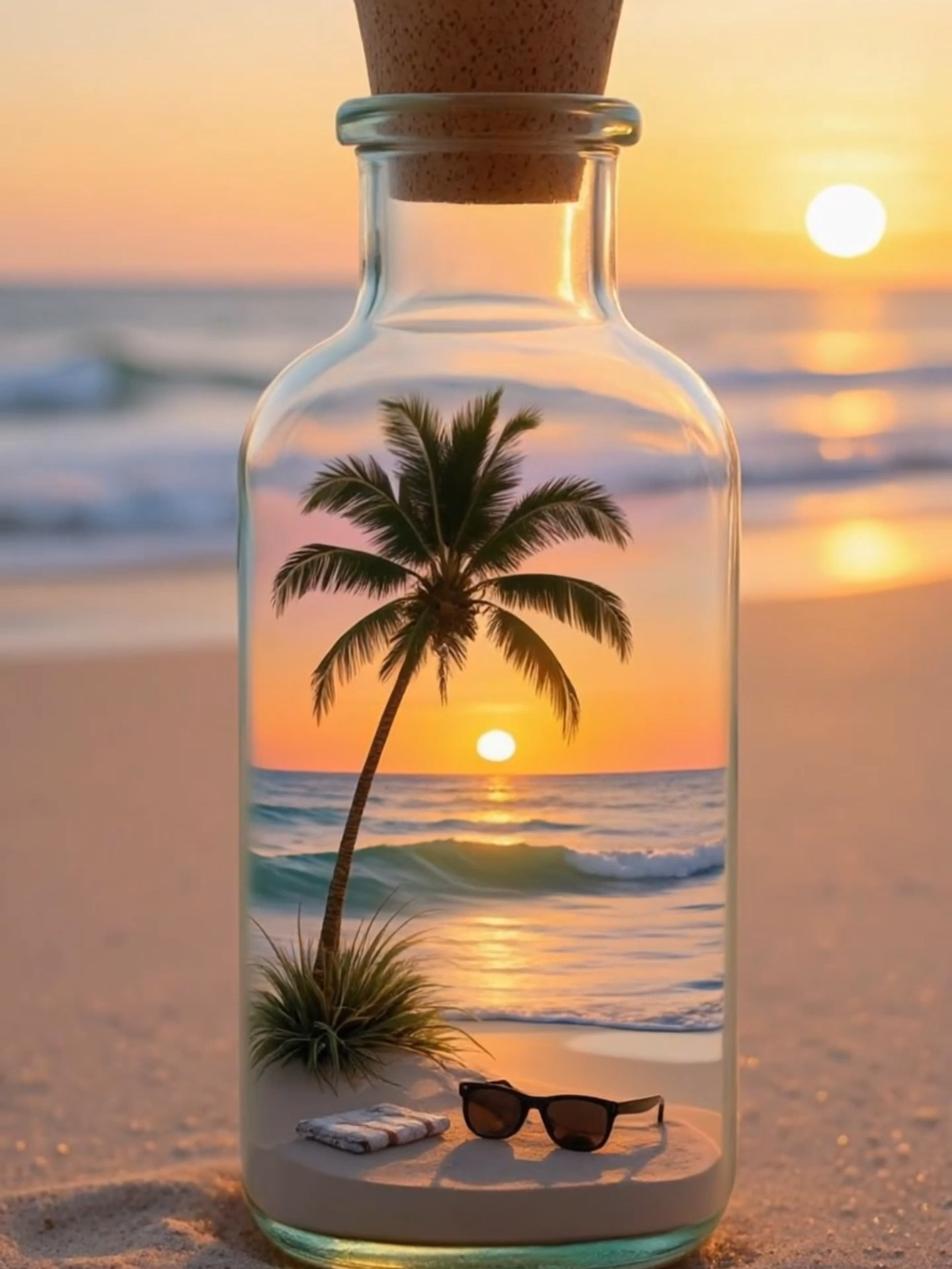 Live Wallpaper | Summer Vibes in a Bottle #Summer #livewallpaper #bottle #beach #waves #sunsets #dreamscape #summermood #relaxingvibes #fyp #aivideo #wallpaper