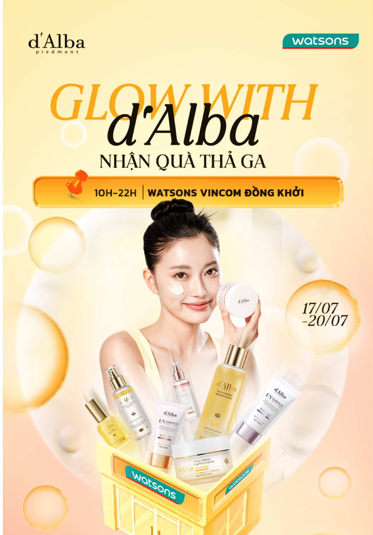 💛✨d'Alba x Watsons ✨💛 💕 Diễn ra từ 17.07 - 20.07  ✅ Tại Watsons Vicom Đồng Khởi 🎁 Check in nhận quà - Nhận vàn ưu đãi  #dalba #dalbavn 