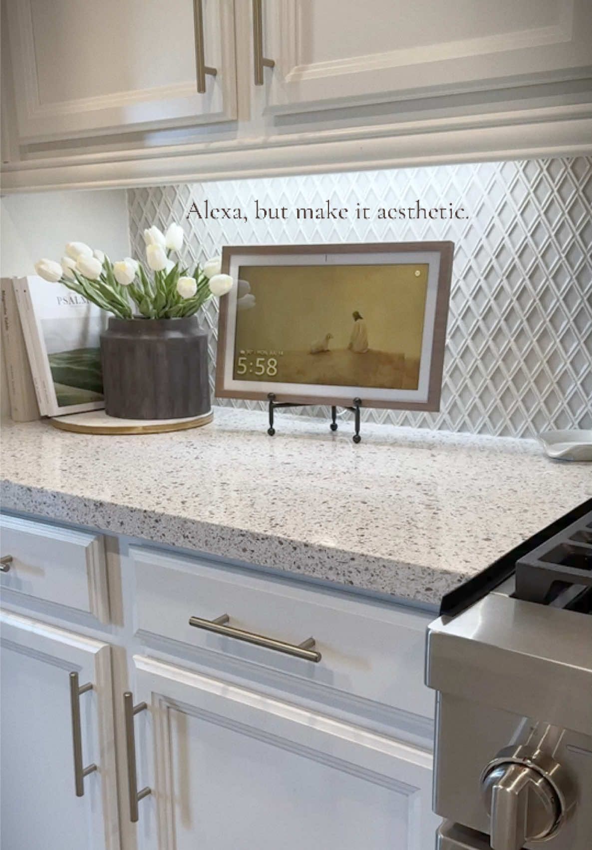 Obsessed with this setup. #echoshow15 #kitchendecor #aesthetictech #alexa #christianart #upgrade 