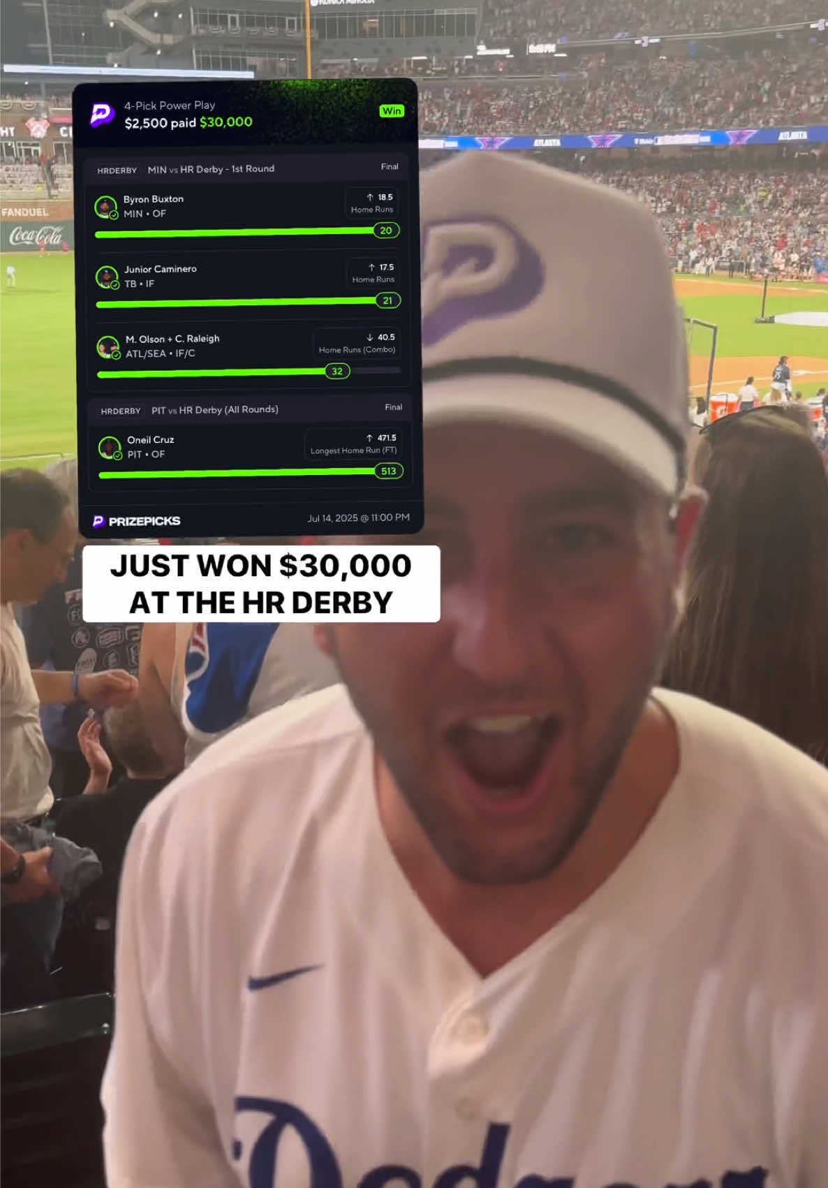 $30K BANGER AT THE DERBY. CINEMA. 🍿🎥 #MLB #baseball #mlballstargame #homerunderby @Lauren Cowling @PrizePicks 