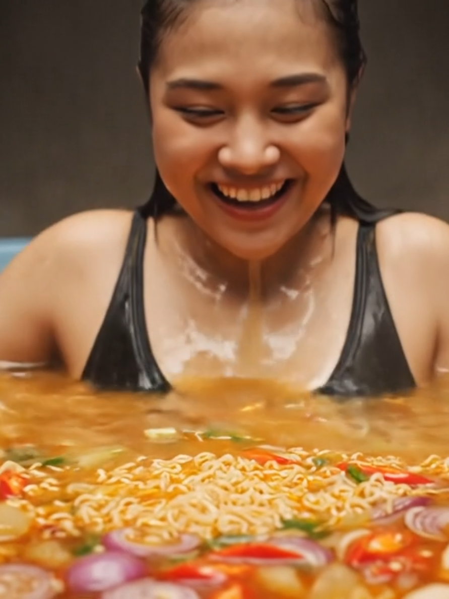 prompt:Seorang wanita muda asal Indonesia duduk di dalam kolam berisi mie kuah pedas yang menggelegak ringan. Kuahnya merah menggoda, penuh potongan sayuran segar, irisan cabai merah, bawang merah, dan kerupuk yang mengapung. Wanita itu tampak ceria, memakai baju kasual yang sedikit basah terkena kuah. Dengan sumpit besar, ia mengambil mie langsung dari kolam dan memakannya dengan lahap. Sambil tertawa puas, ia berkata dalam bahasa Indonesia: “Uh, sedap!” Efek realistis: cipratan kuah, uap panas tipis dari kolam, suara slurp halus dan tawa ringan. Gaya visual: sinematik, full color, detail makanan dan ekspresi wajah sangat jelas.