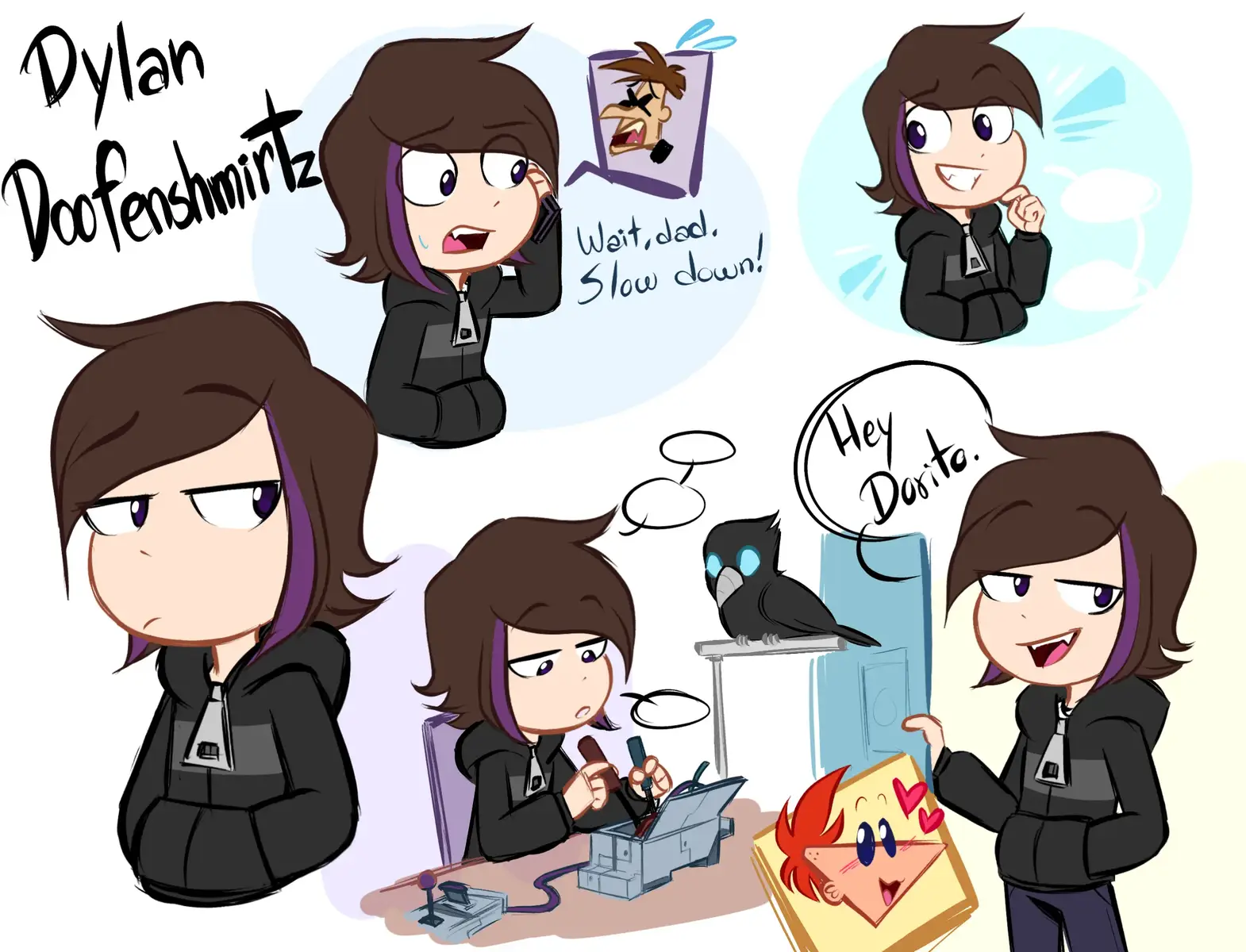 Sharing some art of Dylan with his family. Here's a lil context of the oc for anyone who's seeing him for the first time: Dylan Doofenshmirtz is Heinz and Charlene's son and Vanessa's brother.  When they got divorced Dylan was still around 2 years old and they couldn't take care of him at that time so he lived with his grandparents, Mr. and Mrs.Doofenshmirtz in Gimmelshtump. When he turns 9-11 ( present age ) he comes back to Danville to live with his dad and sister. He's really smart and creative, he also likes making inventions ( got from his father). He meets the Flynn-Fletcher family and Perry ( also as an agent) but he keeps it a secret. Sometimes when Perry goes to other mission, he borrows Dylan's robot raven, R.R./Ray. (Ray is his robotic raven companion)  (I'll talk about the ship later)  #foryou #fyp #art #dylandoofenshmirtz #phineasandferb #pnf #vanessadoofenshmirtz #heinzdoofenshmirtz #charlenedoofenshmritz #norm #oc #originalcharacter #phineasflynn #ferbfletcher 